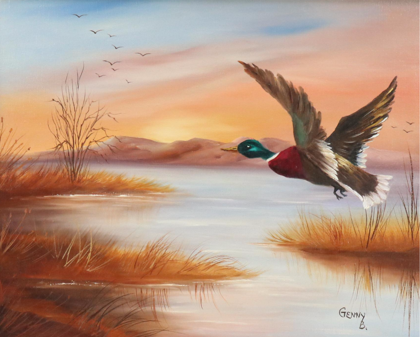 Genny B. Oil Painting of Duck Flying Over Marsh Landscape
