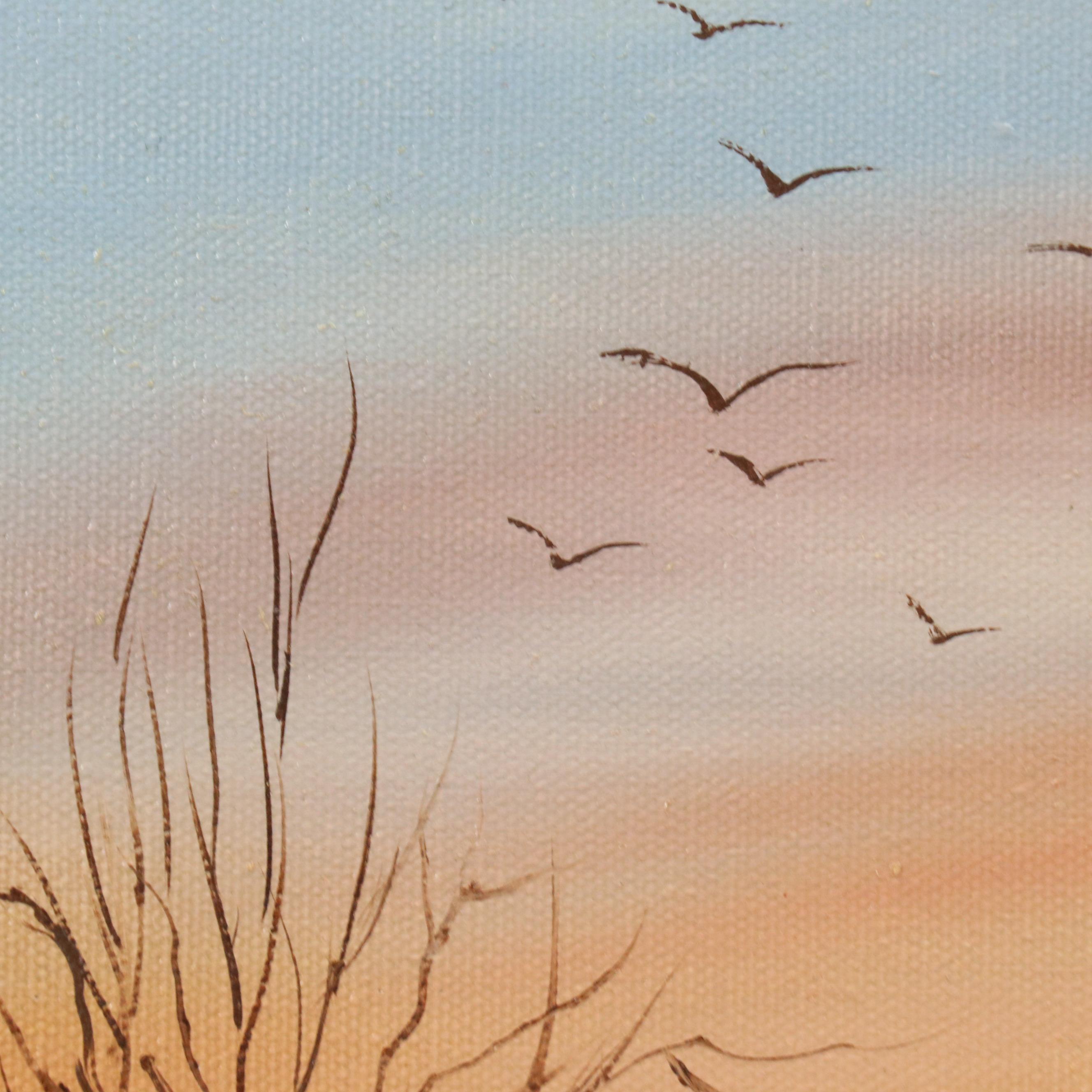 Genny B. Oil Painting of Duck Flying Over Marsh Landscape
