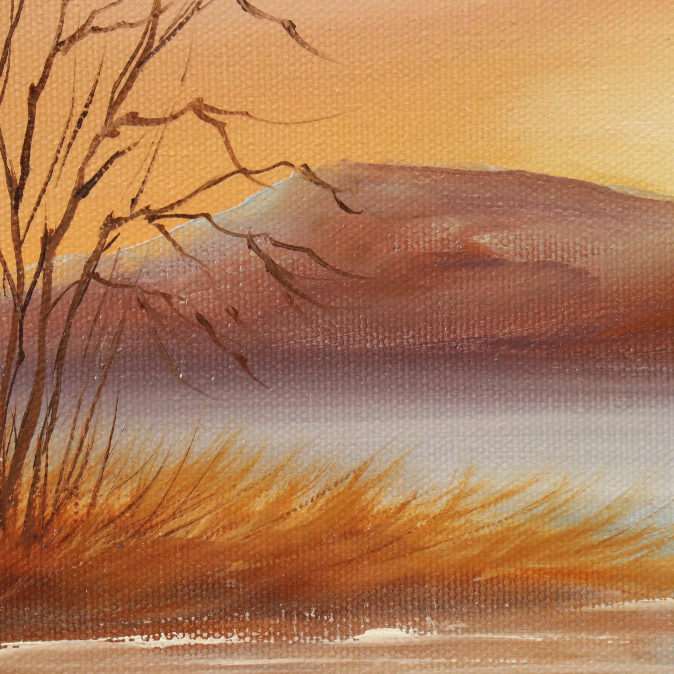 Genny B. Oil Painting of Duck Flying Over Marsh Landscape