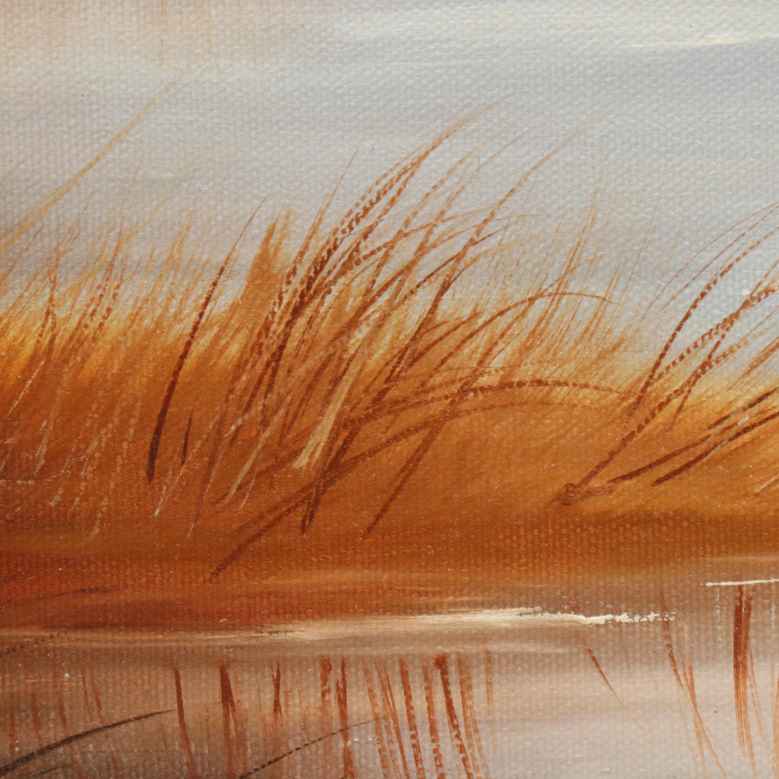 Genny B. Oil Painting of Duck Flying Over Marsh Landscape