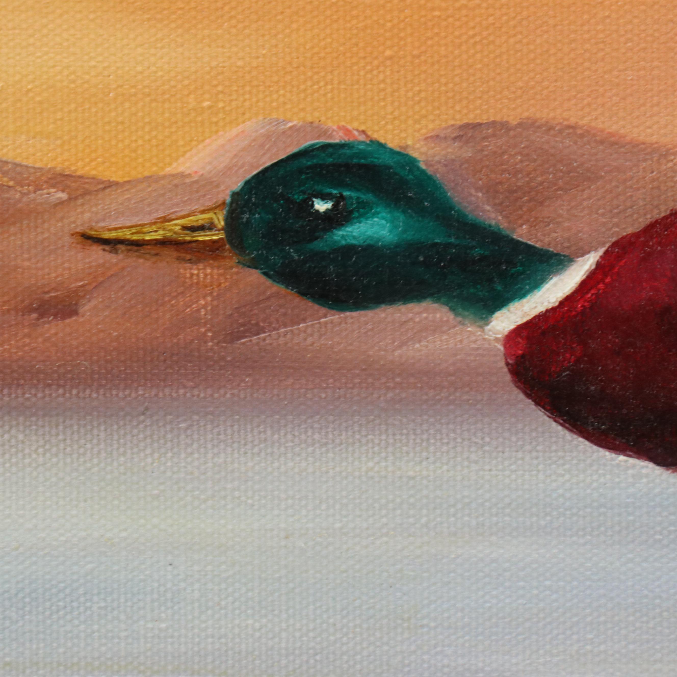 Genny B. Oil Painting of Duck Flying Over Marsh Landscape