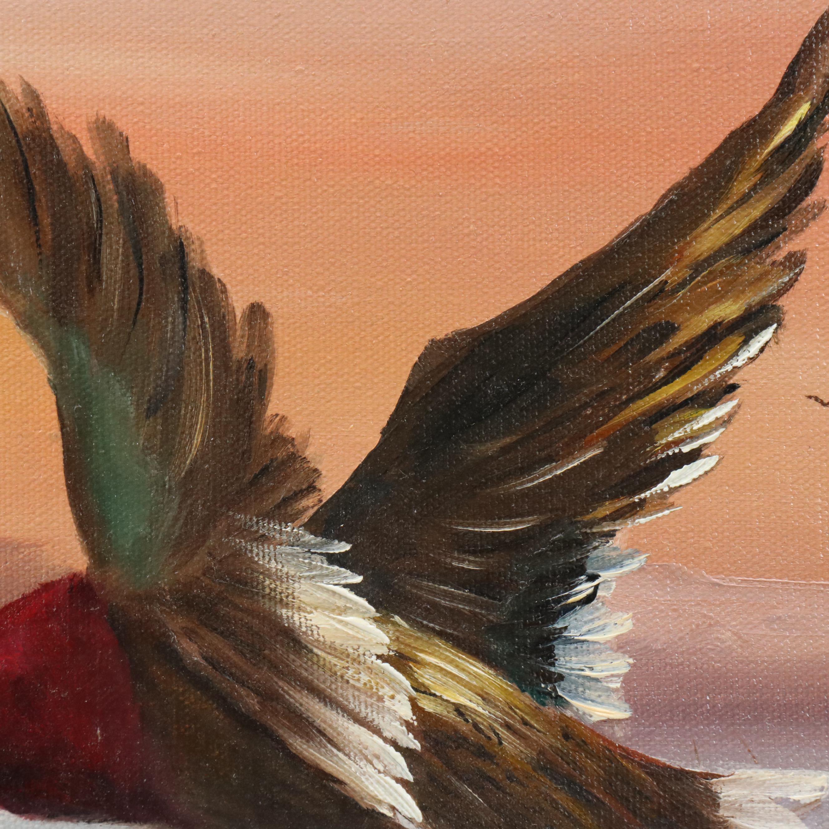 Genny B. Oil Painting of Duck Flying Over Marsh Landscape