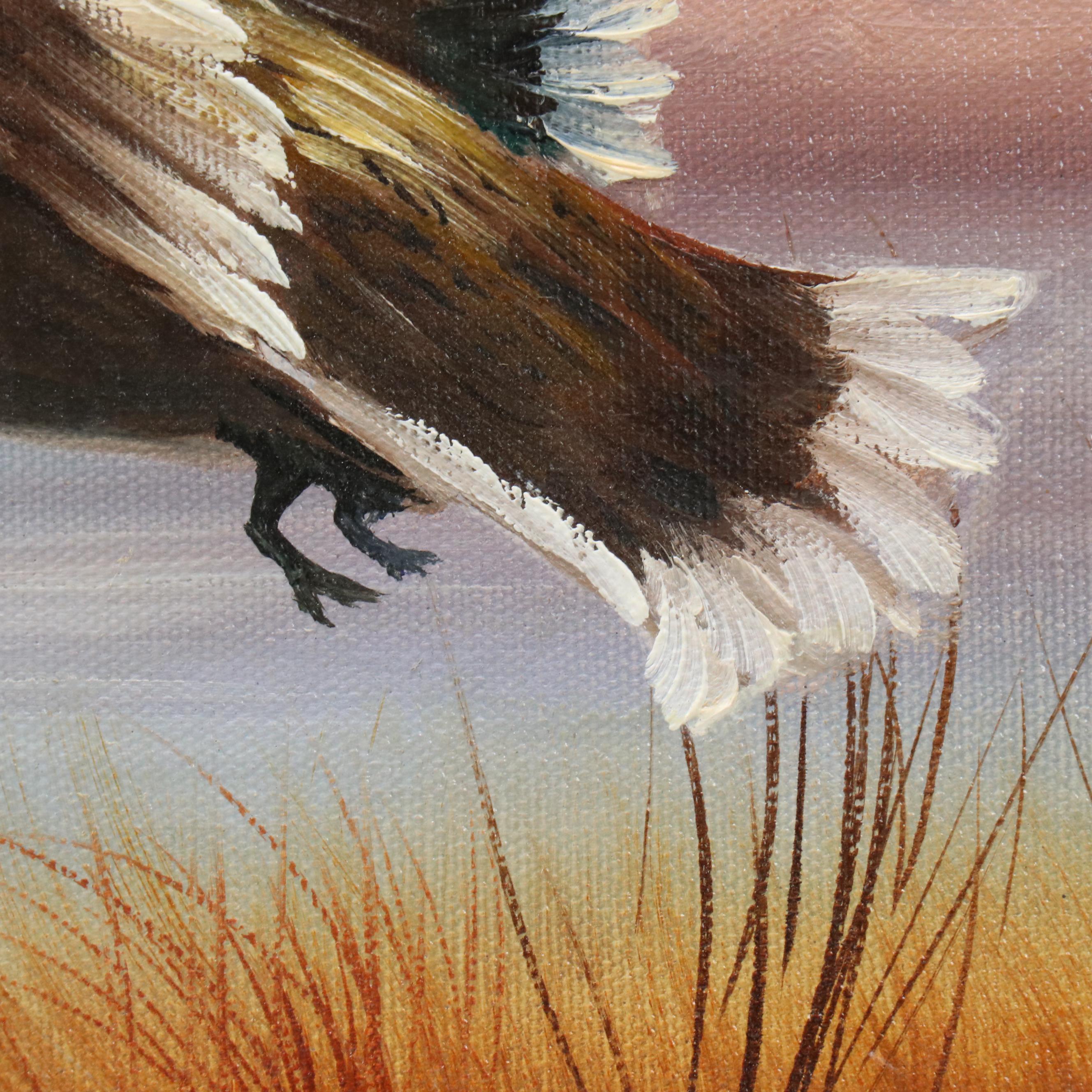 Genny B. Oil Painting of Duck Flying Over Marsh Landscape