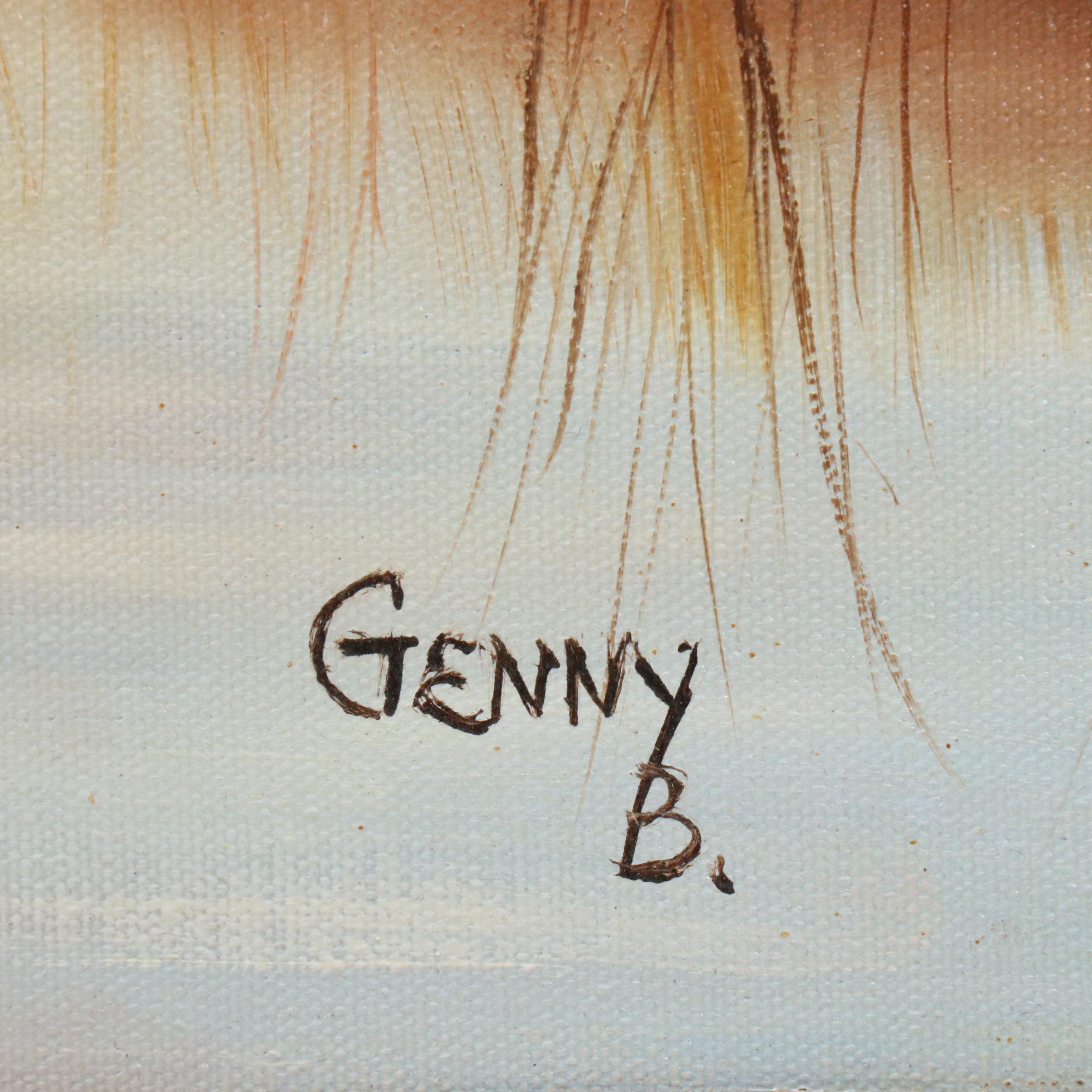 Genny B. Oil Painting of Duck Flying Over Marsh Landscape