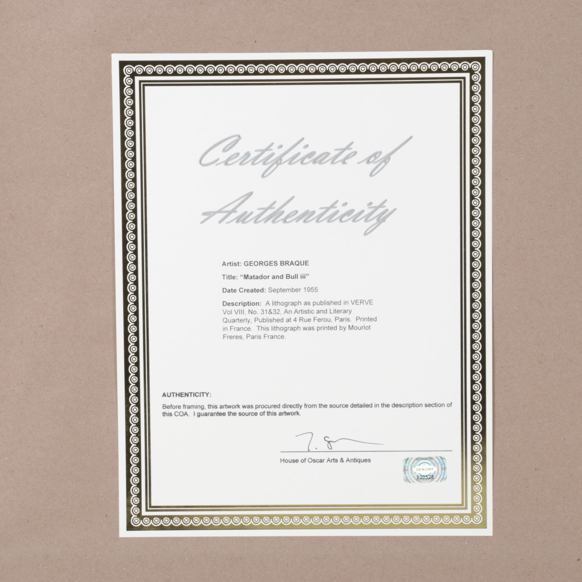 Color Lithograph After Georges Braque "Matador and Bull III", 1955