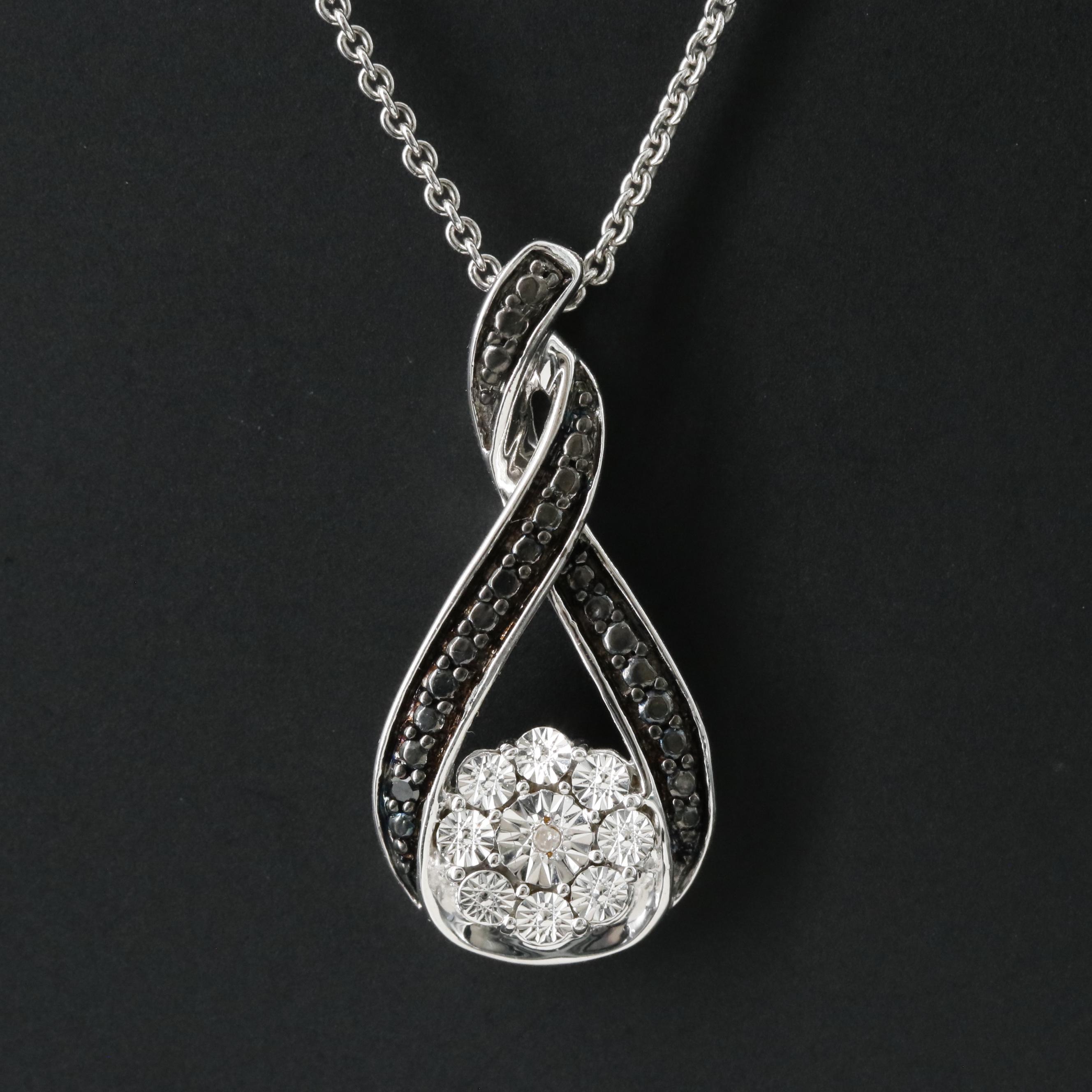 Sterling Diamond Pendant Necklace Including Fancy Black Diamond