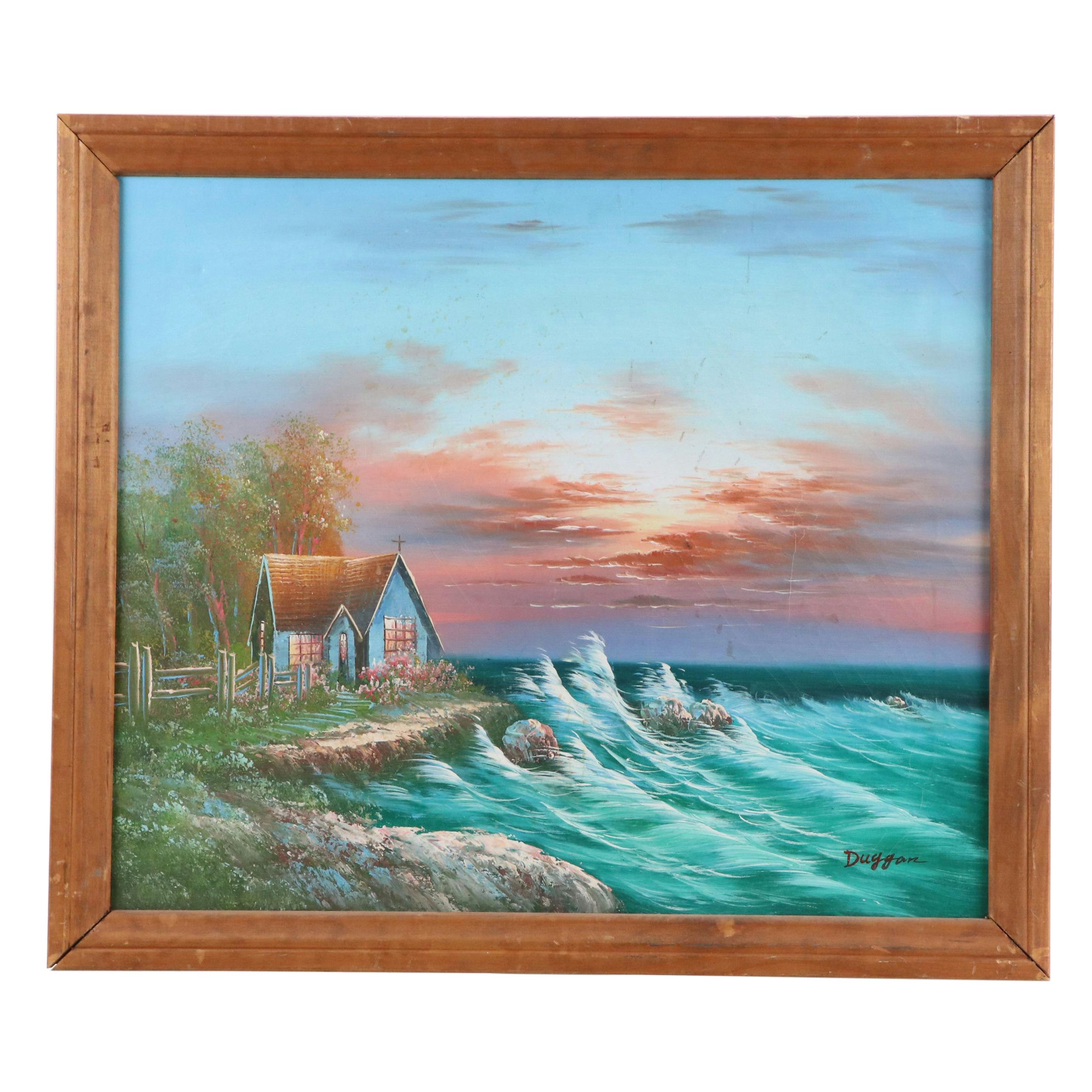 Coastal Cottage Landscape Oil Painting, Circa 1980