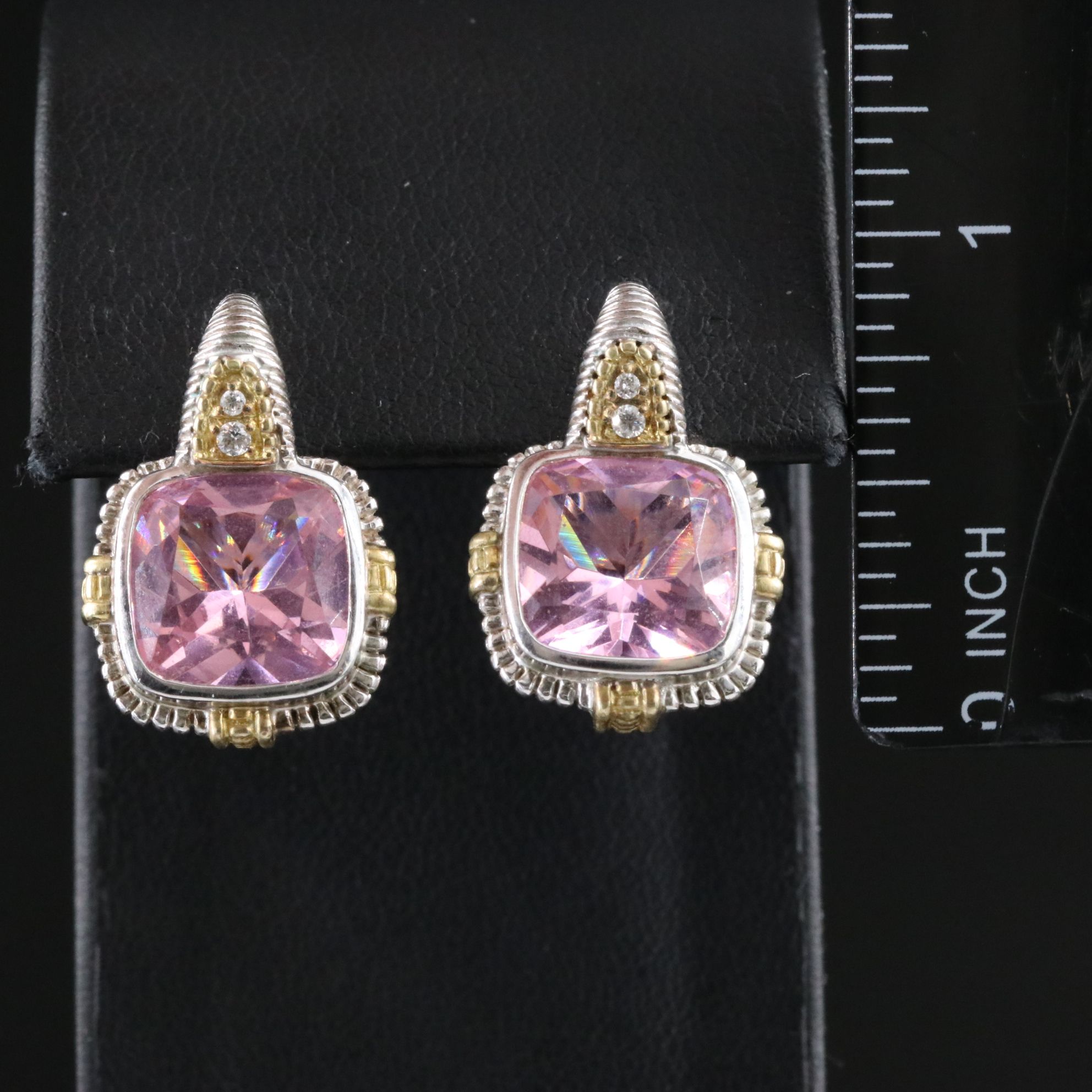Judith Ripka Sterling, Pink CZ and Diamond Earrings with 18K Accents
