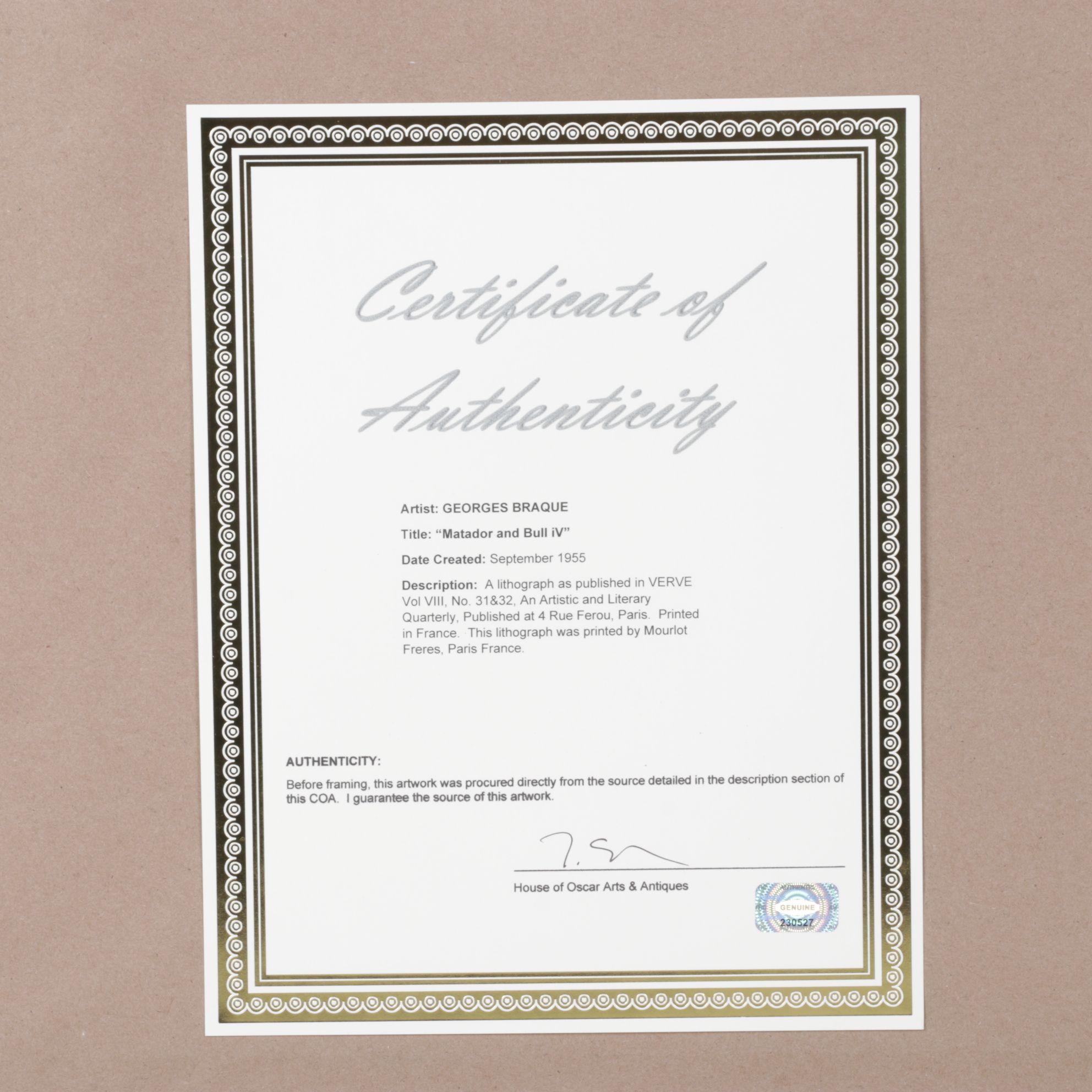 Color Lithograph After Georges Braque "Matador and Bull IV", 1955