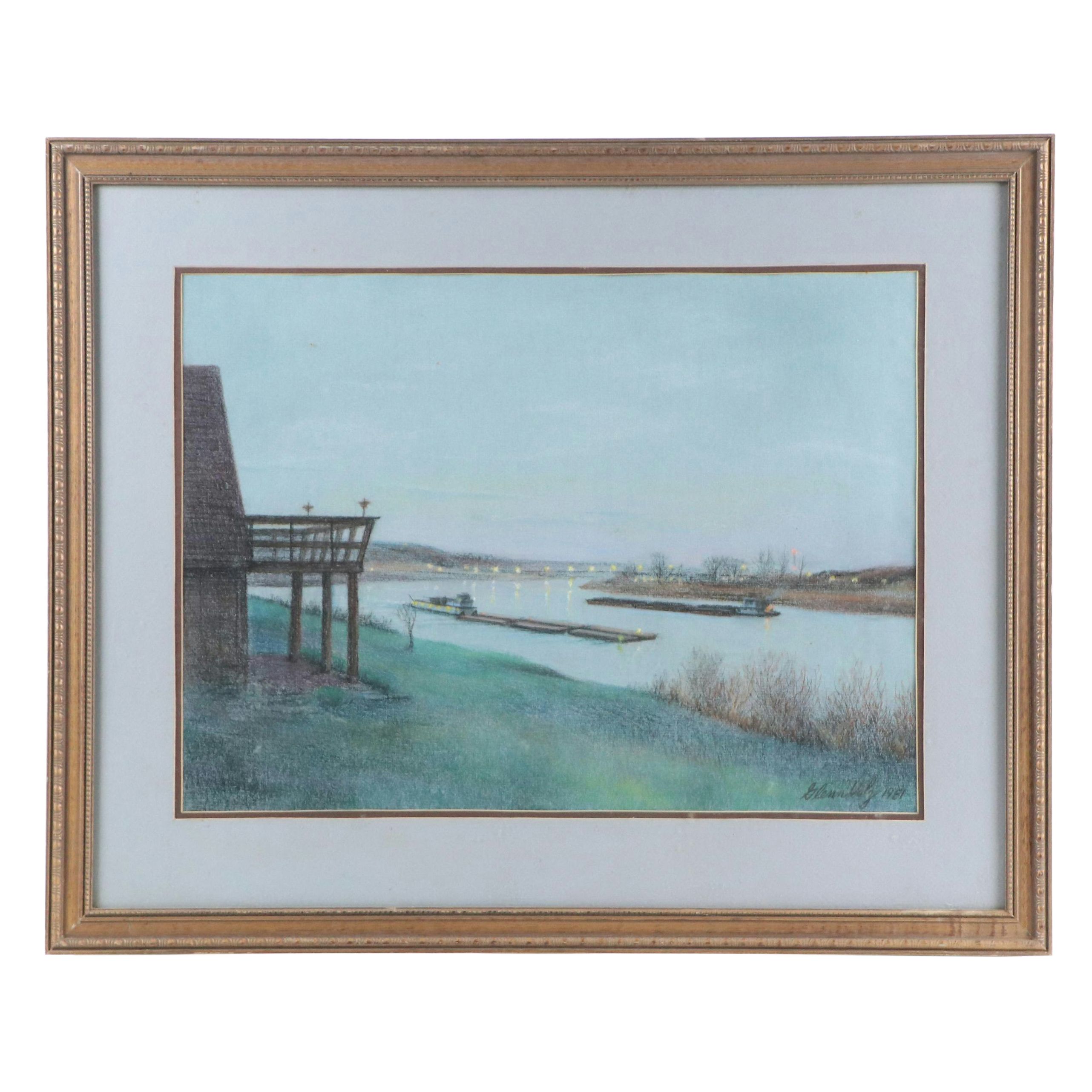 Glenn Volz Chalk Pastel Landscape Drawing with River Barges, 1981