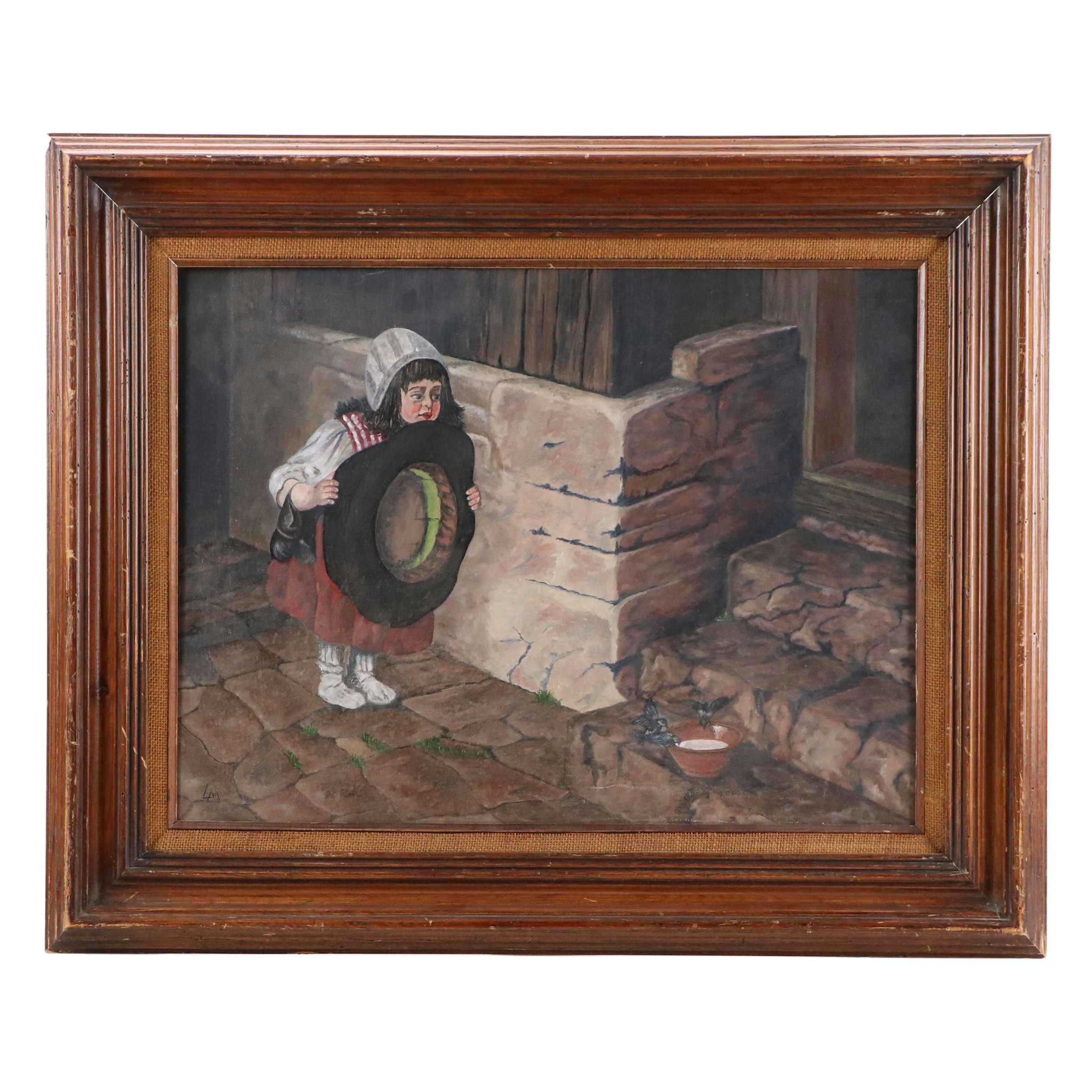 Oil Painting After Herman Von Kaulbach "Girl With Hat Trying to Catch a Bird"