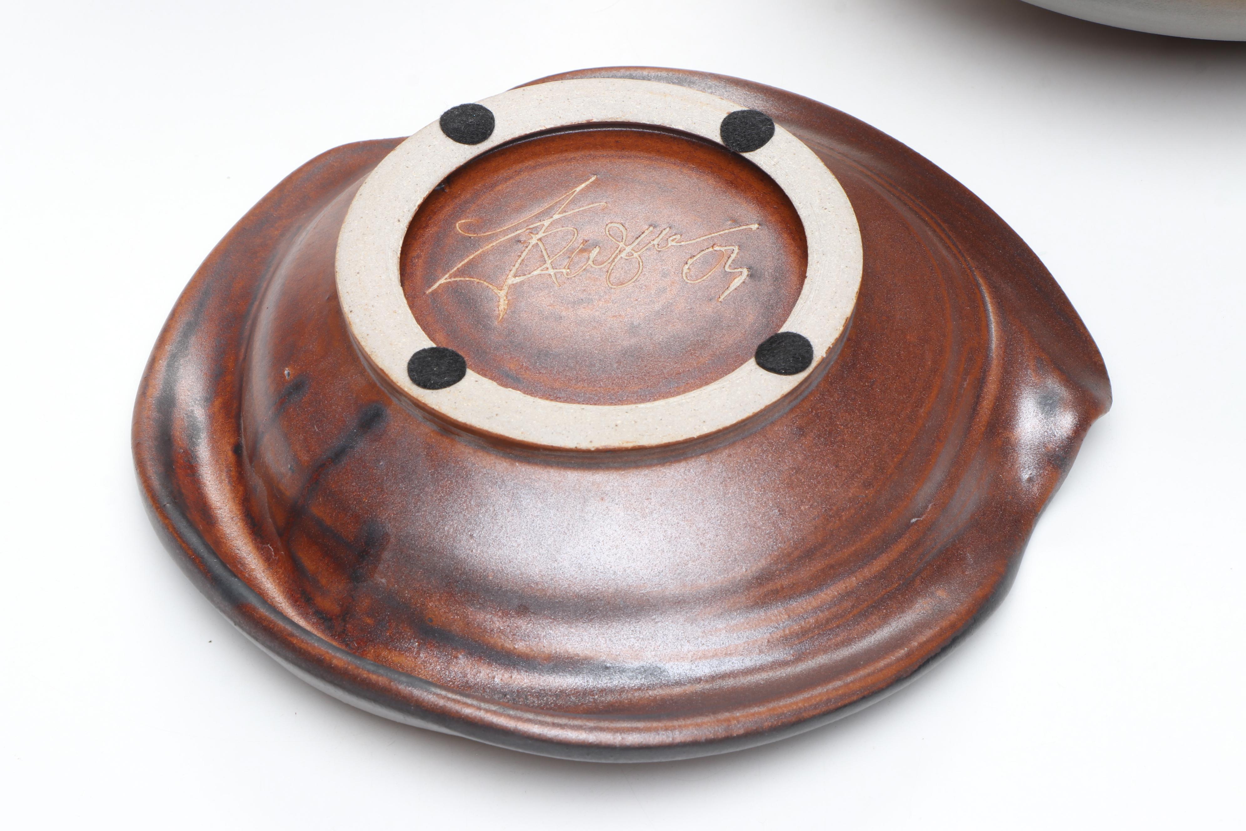 Artist Signed Art Pottery Ewer, Vase, and Bowl