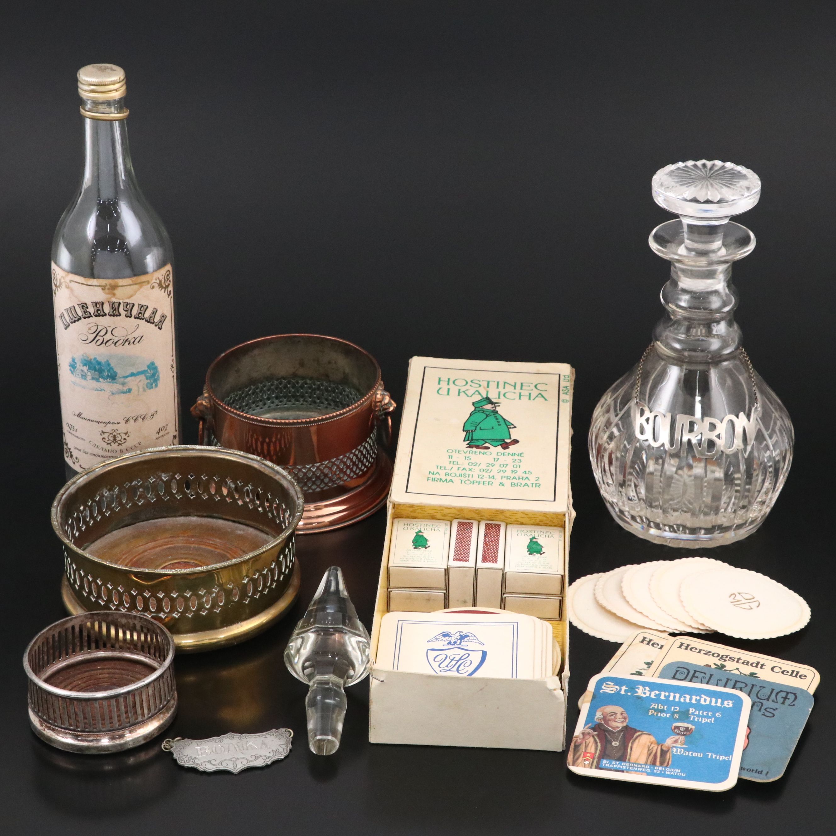 Stieff Pewter with Other Decanter Tags and Barware, Mid to Late 20th Century