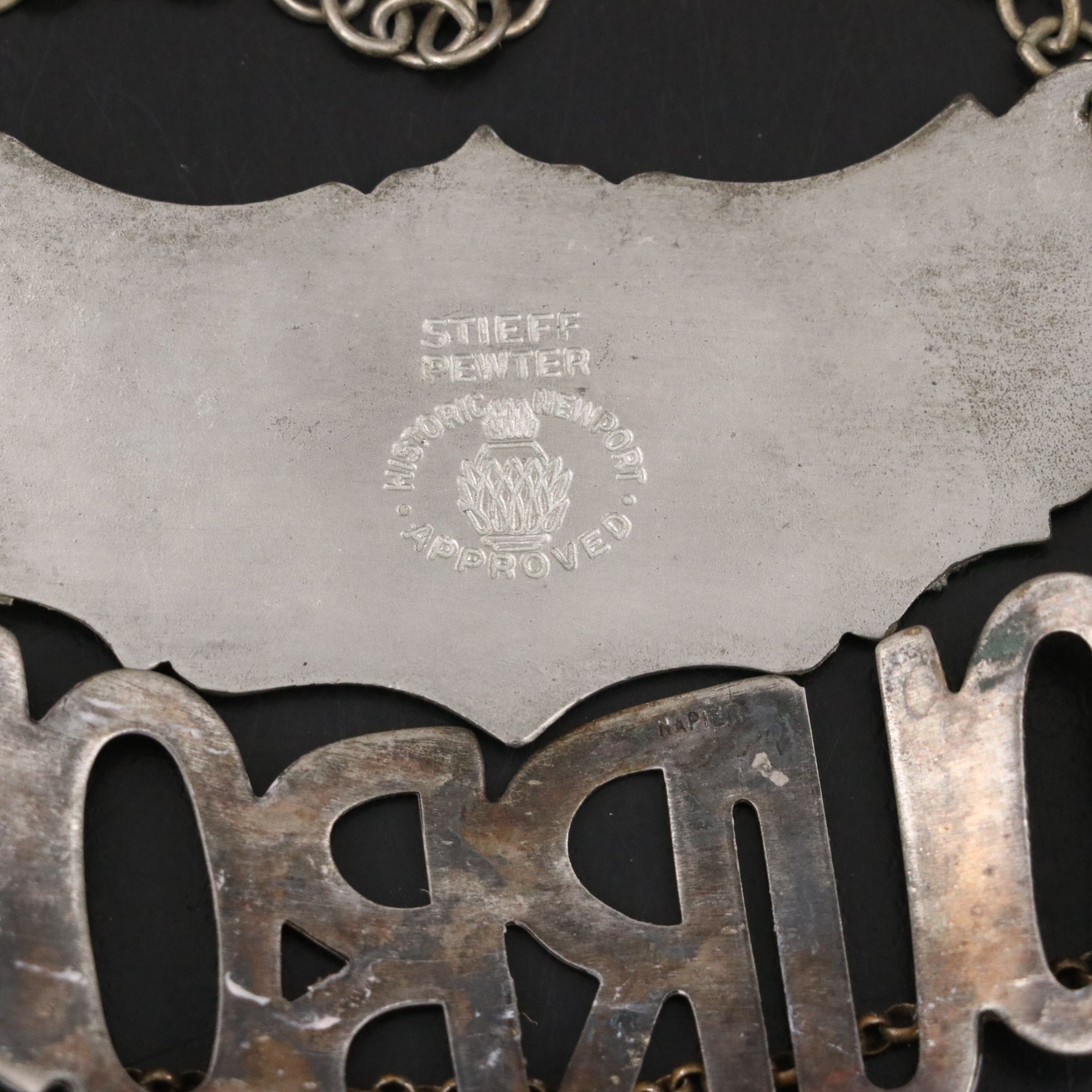 Stieff Pewter with Other Decanter Tags and Barware, Mid to Late 20th Century