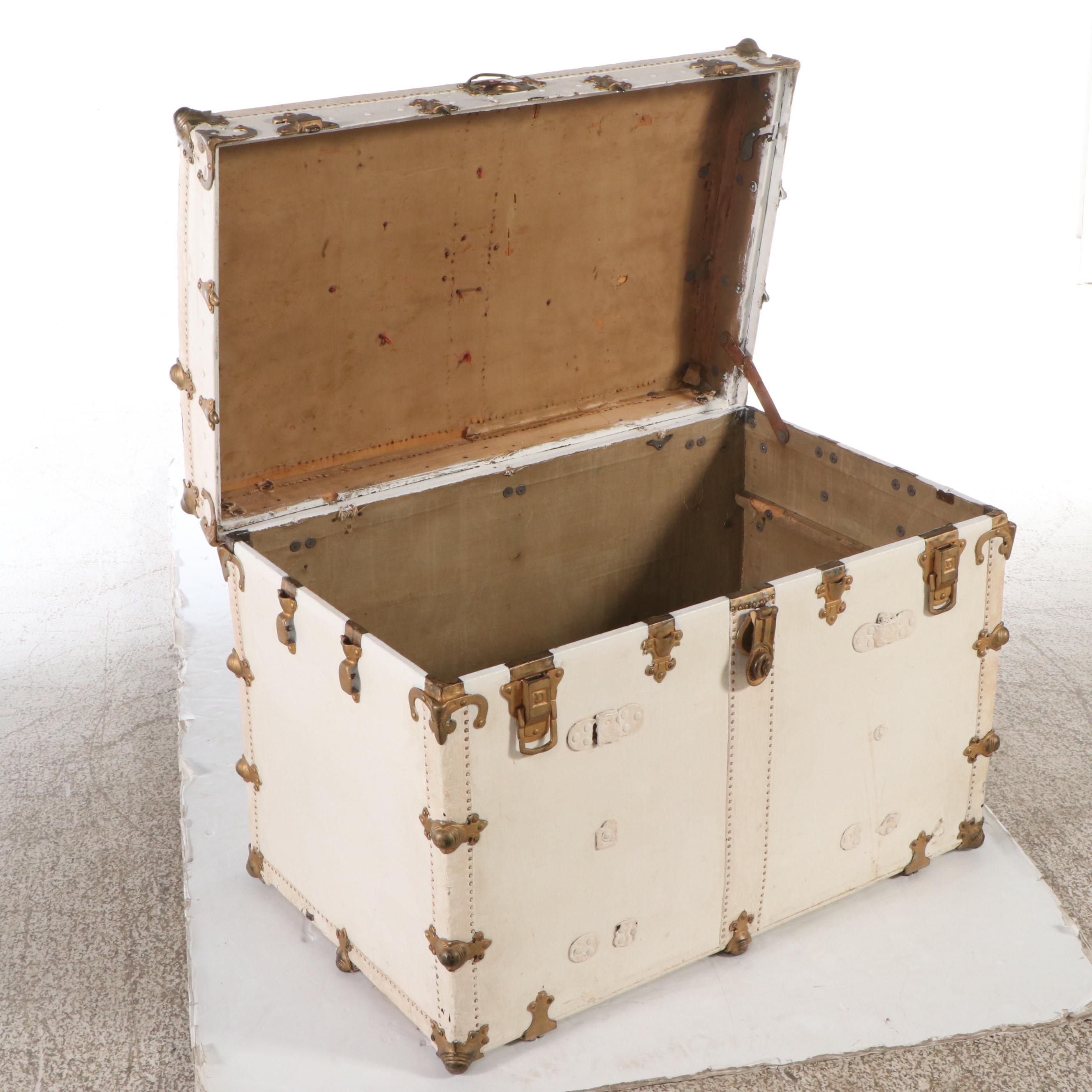 Cream Painted Leather-Bound Trunk, Early 20th Century