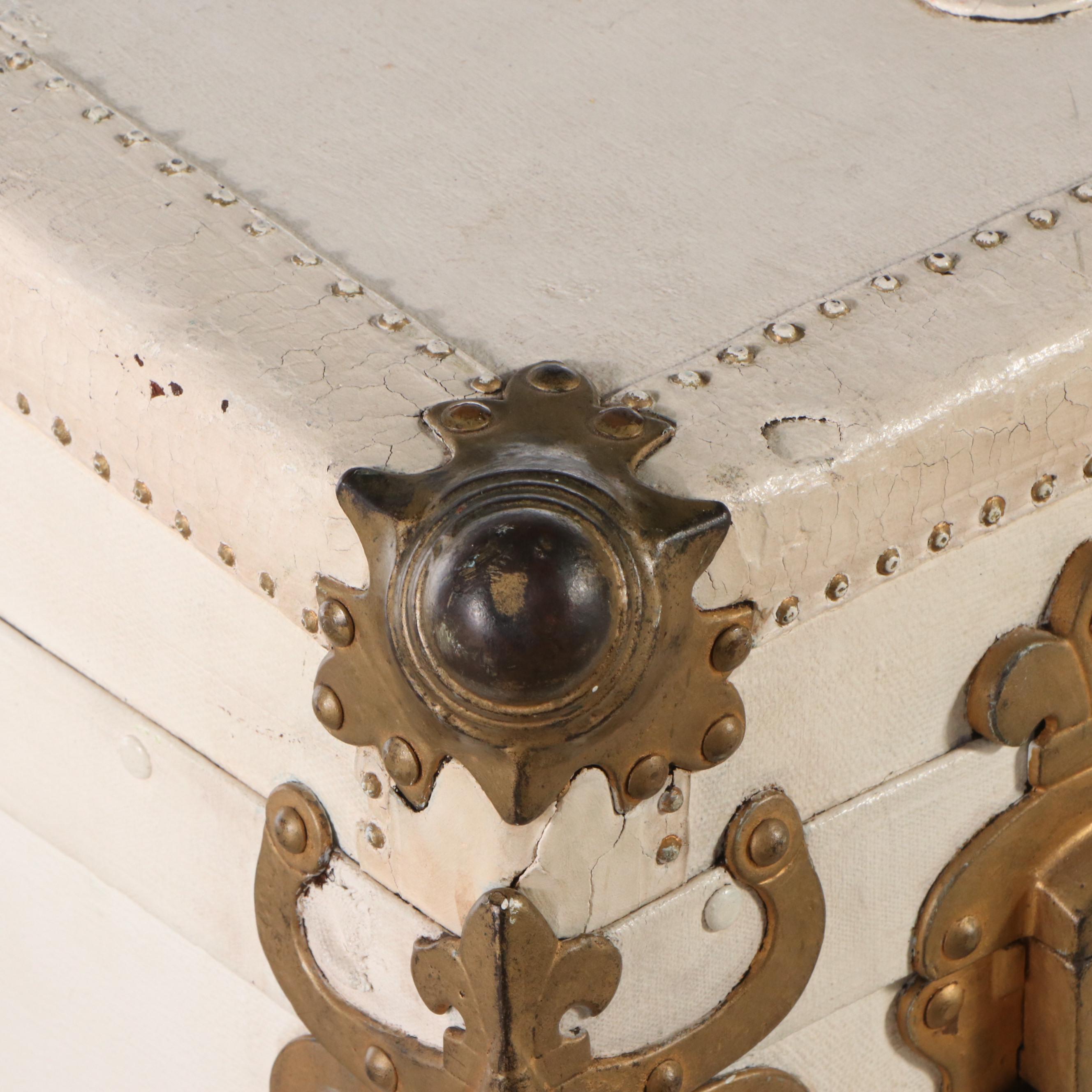 Cream Painted Leather-Bound Trunk, Early 20th Century