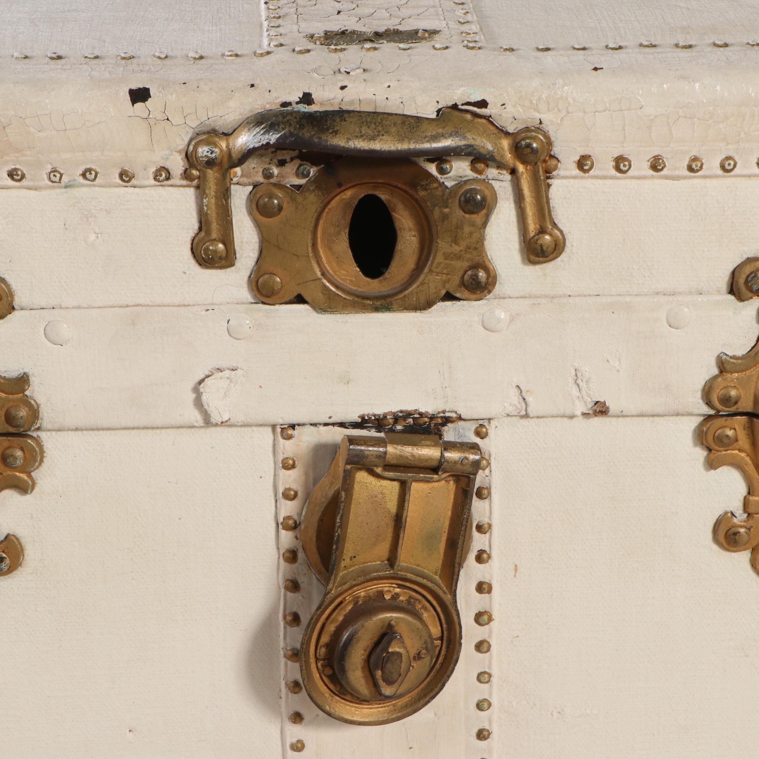 Cream Painted Leather-Bound Trunk, Early 20th Century