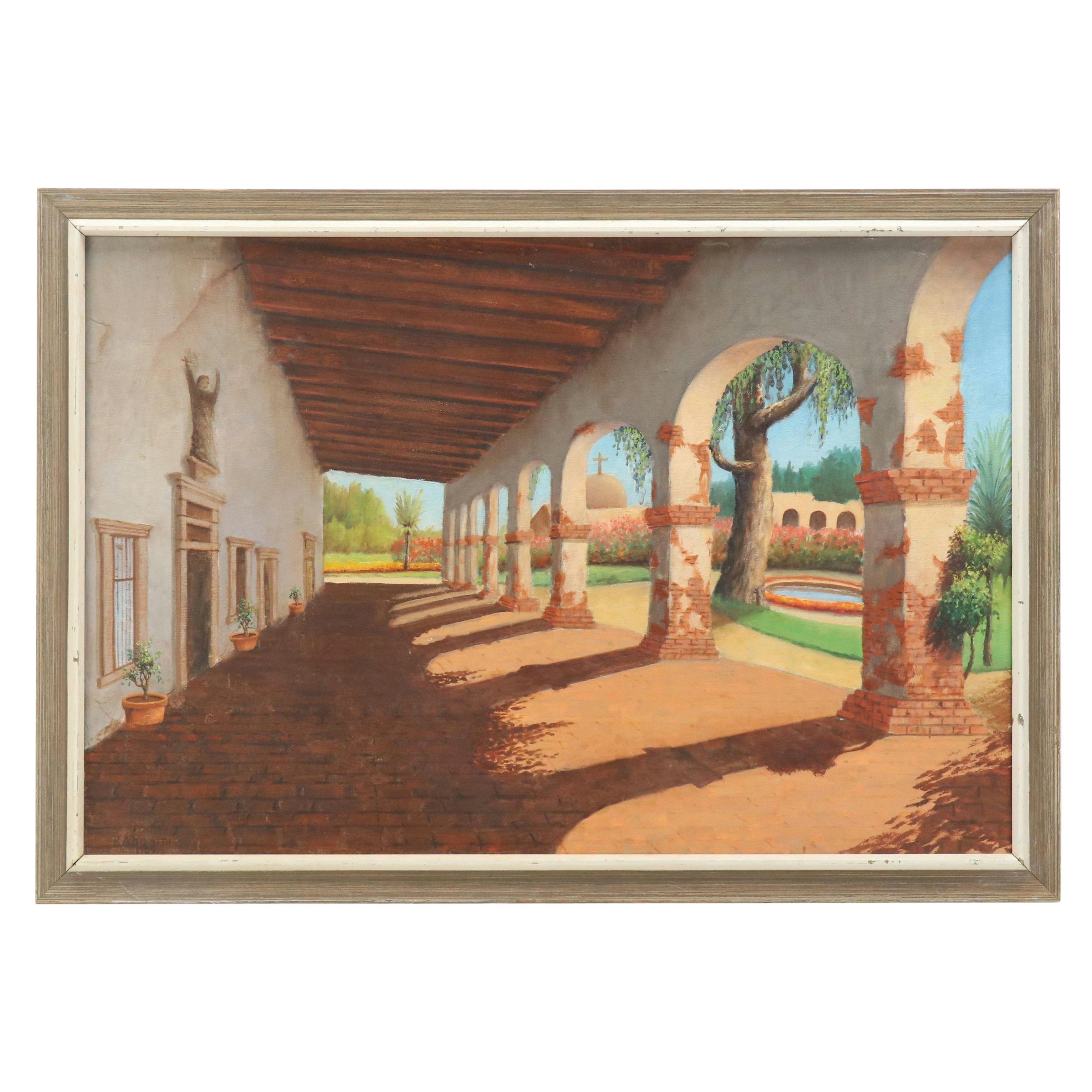 R. A. Bonini Oil Painting of Mission California Arches, 1969