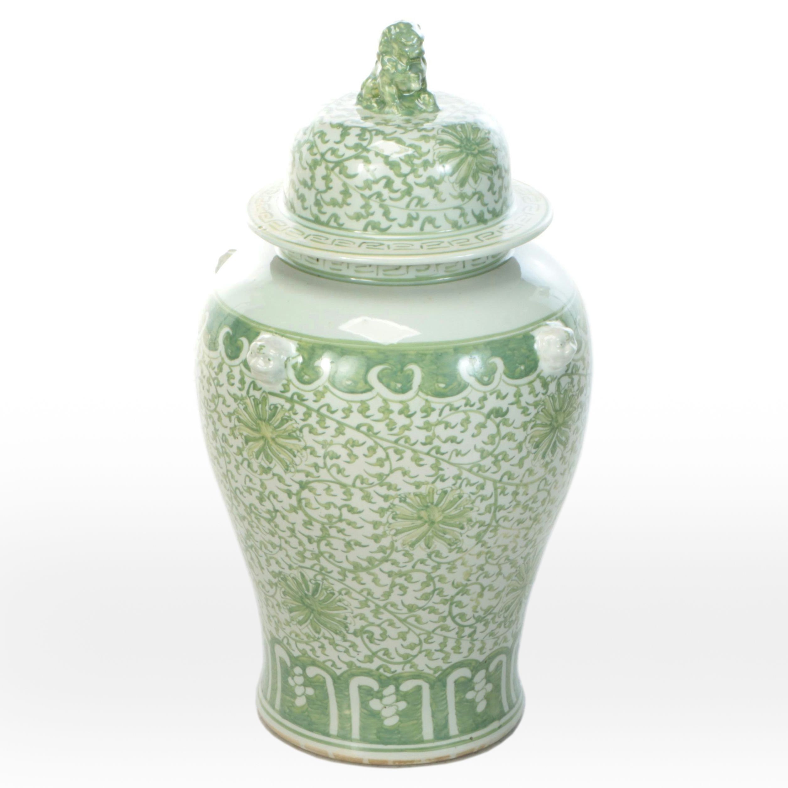 Chinese Porcelain Green Glazed Lotus and Vine Pattern Temple Jar