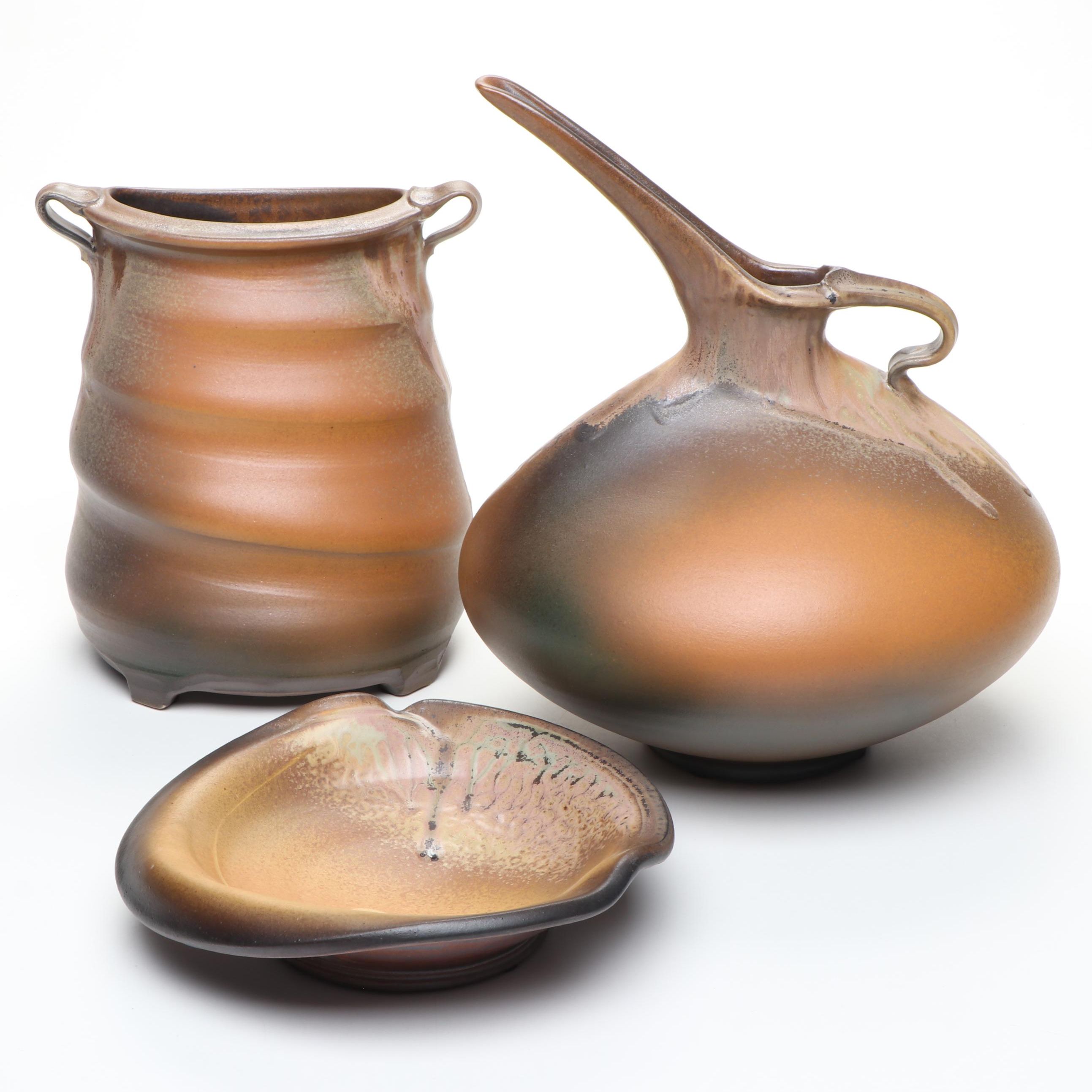 Artist Signed Art Pottery Ewer, Vase, and Bowl