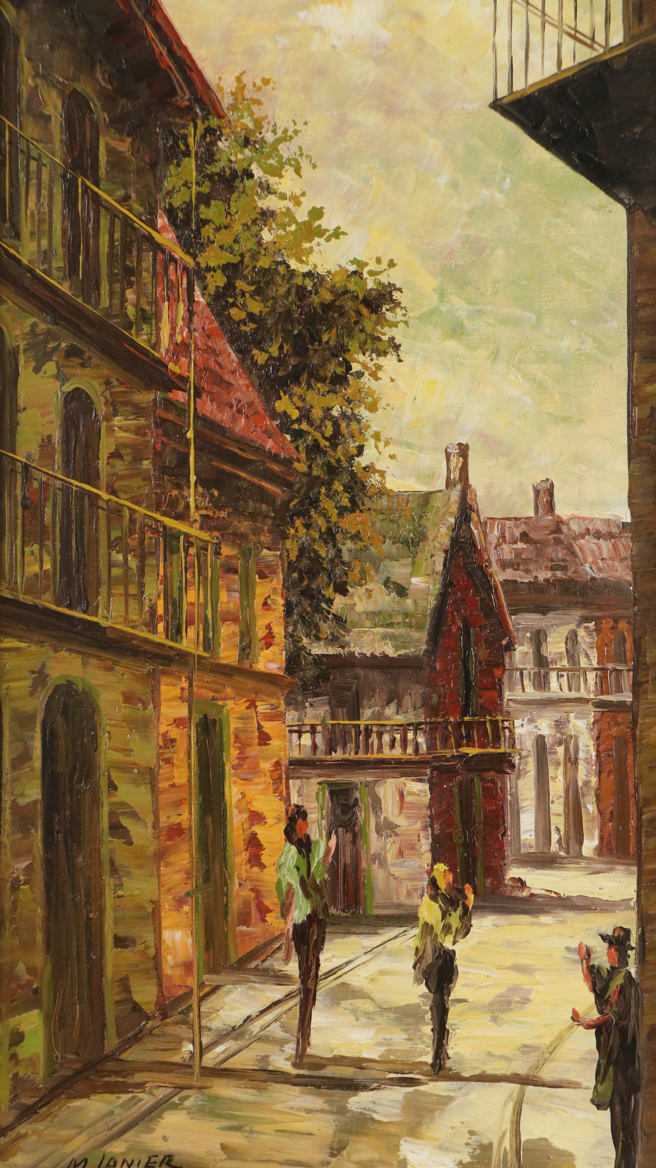 M. Lanier Oil Painting of Figures in Street Scene, Late 20th Century