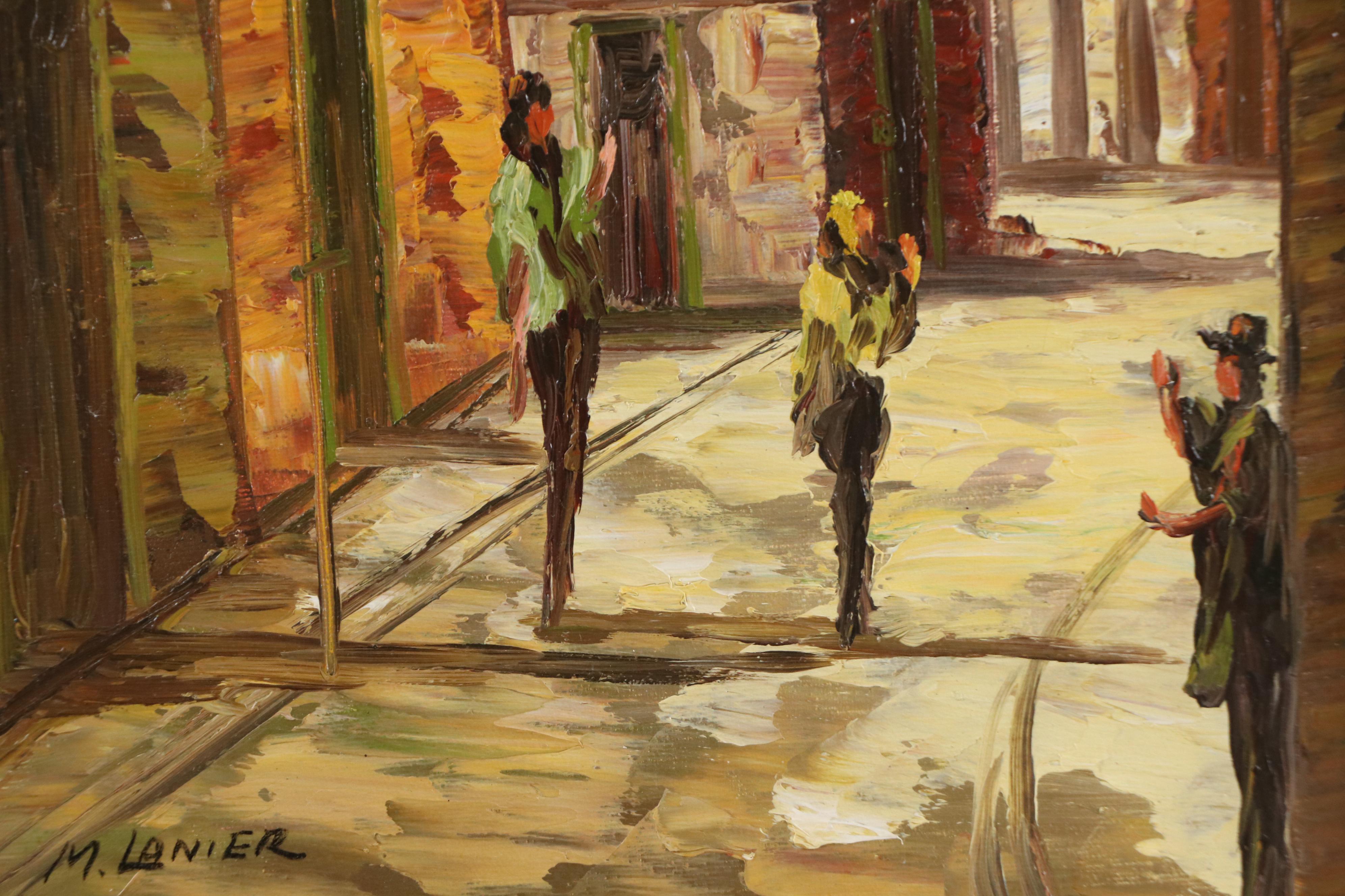 M. Lanier Oil Painting of Figures in Street Scene, Late 20th Century