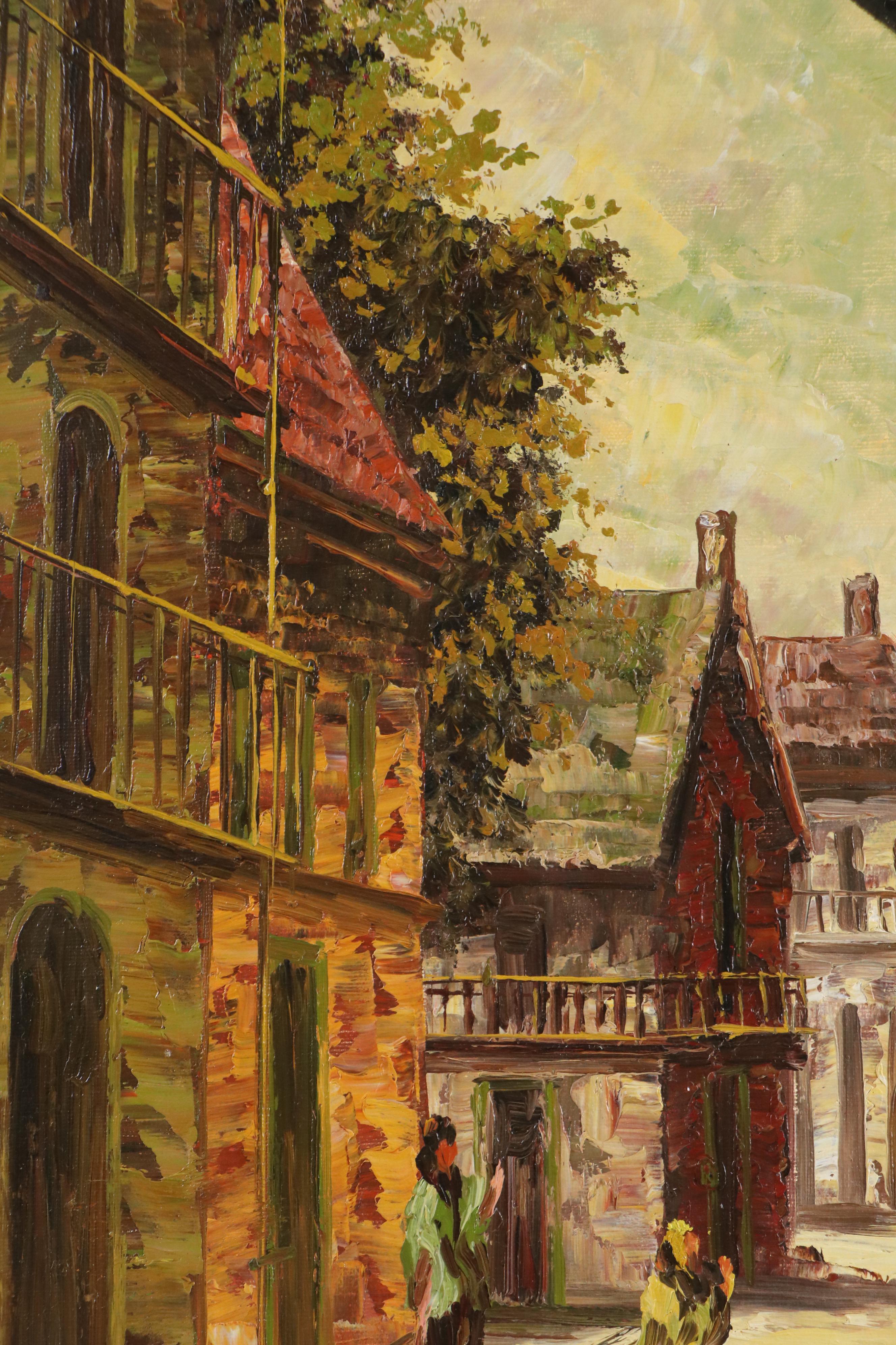 M. Lanier Oil Painting of Figures in Street Scene, Late 20th Century