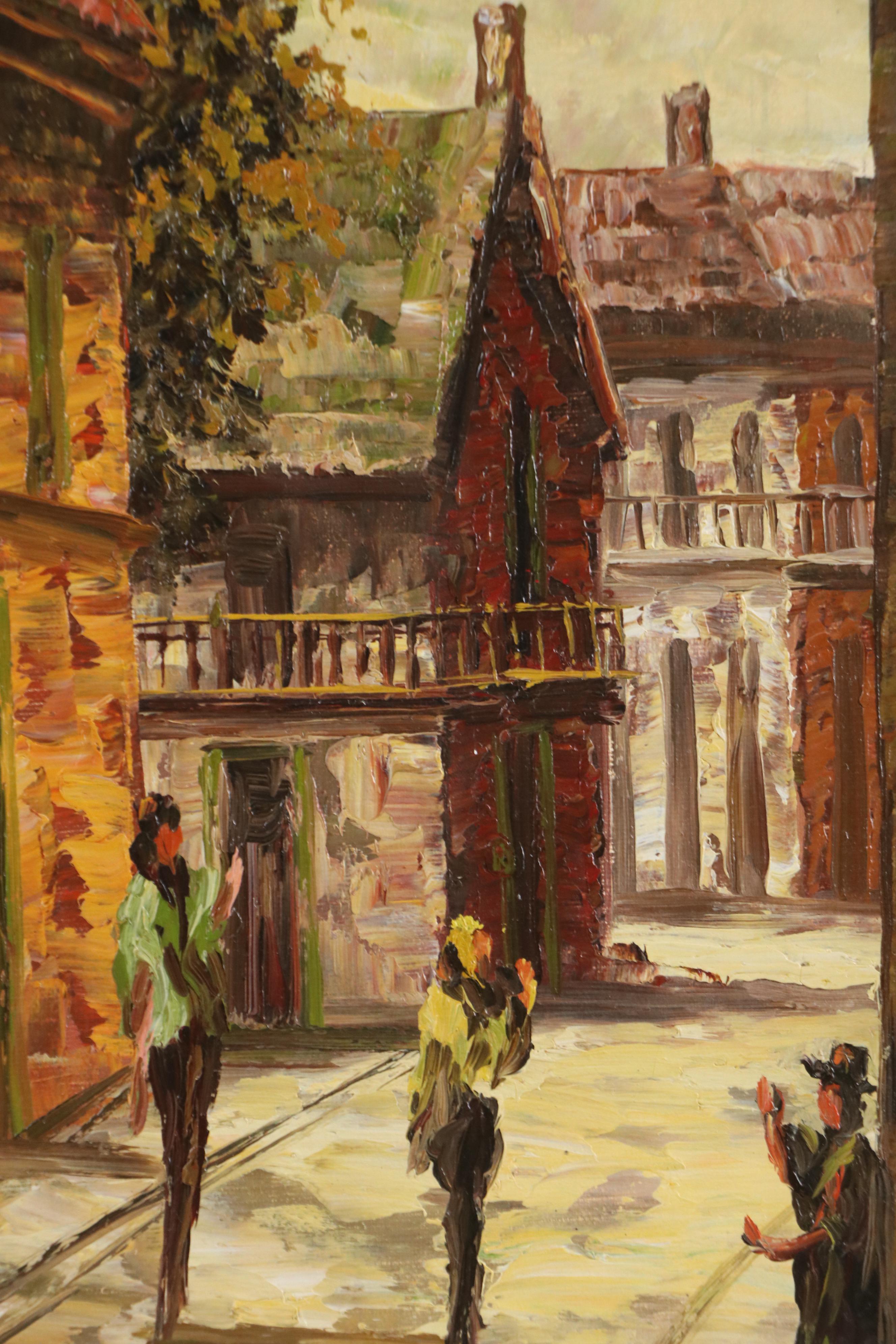 M. Lanier Oil Painting of Figures in Street Scene, Late 20th Century