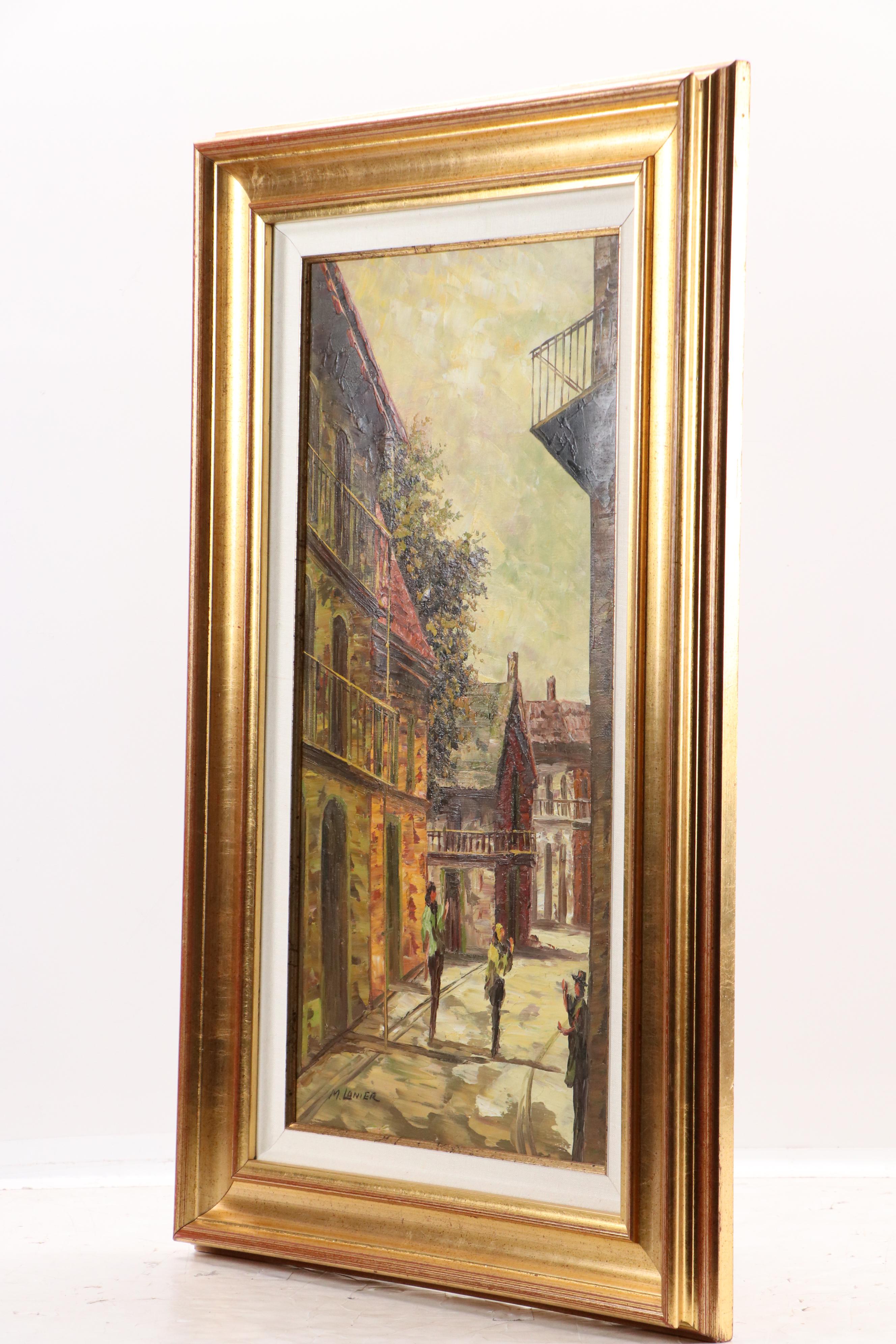 M. Lanier Oil Painting of Figures in Street Scene, Late 20th Century