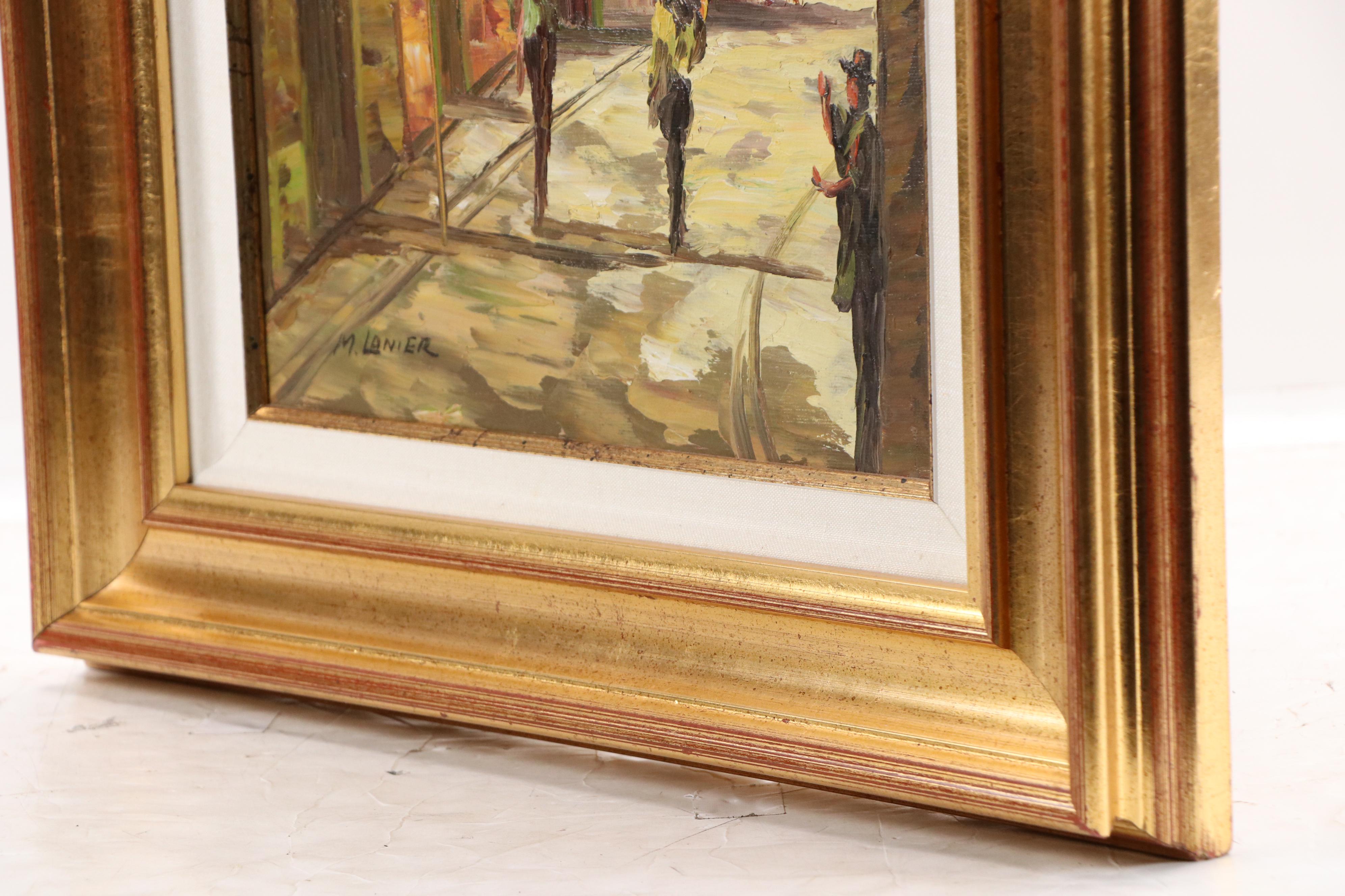 M. Lanier Oil Painting of Figures in Street Scene, Late 20th Century