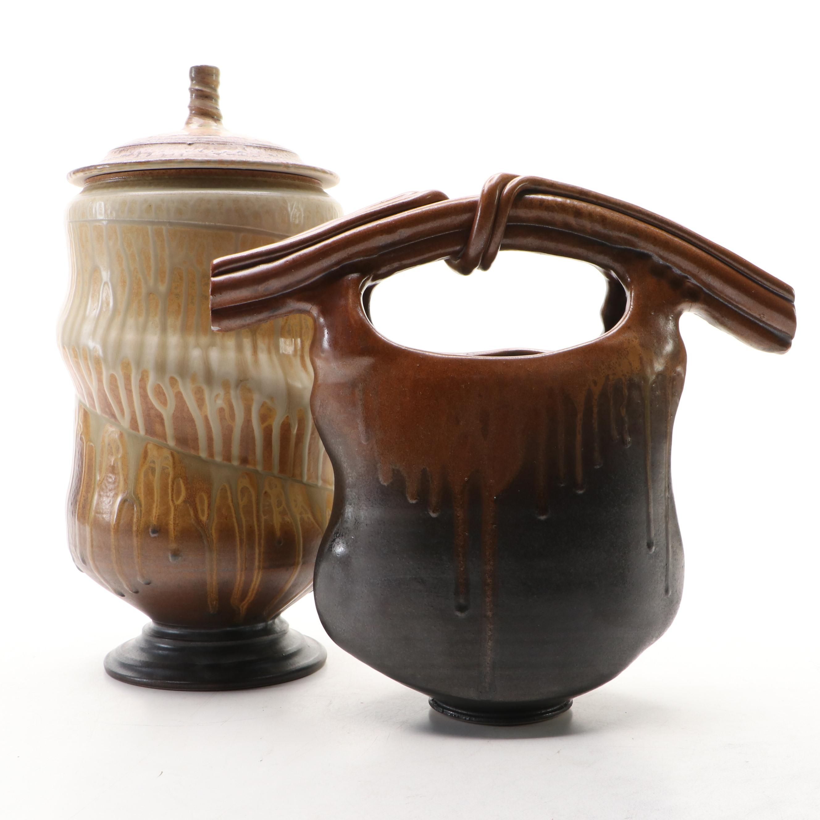 Art Pottery Basket Vase and Lidded Jar