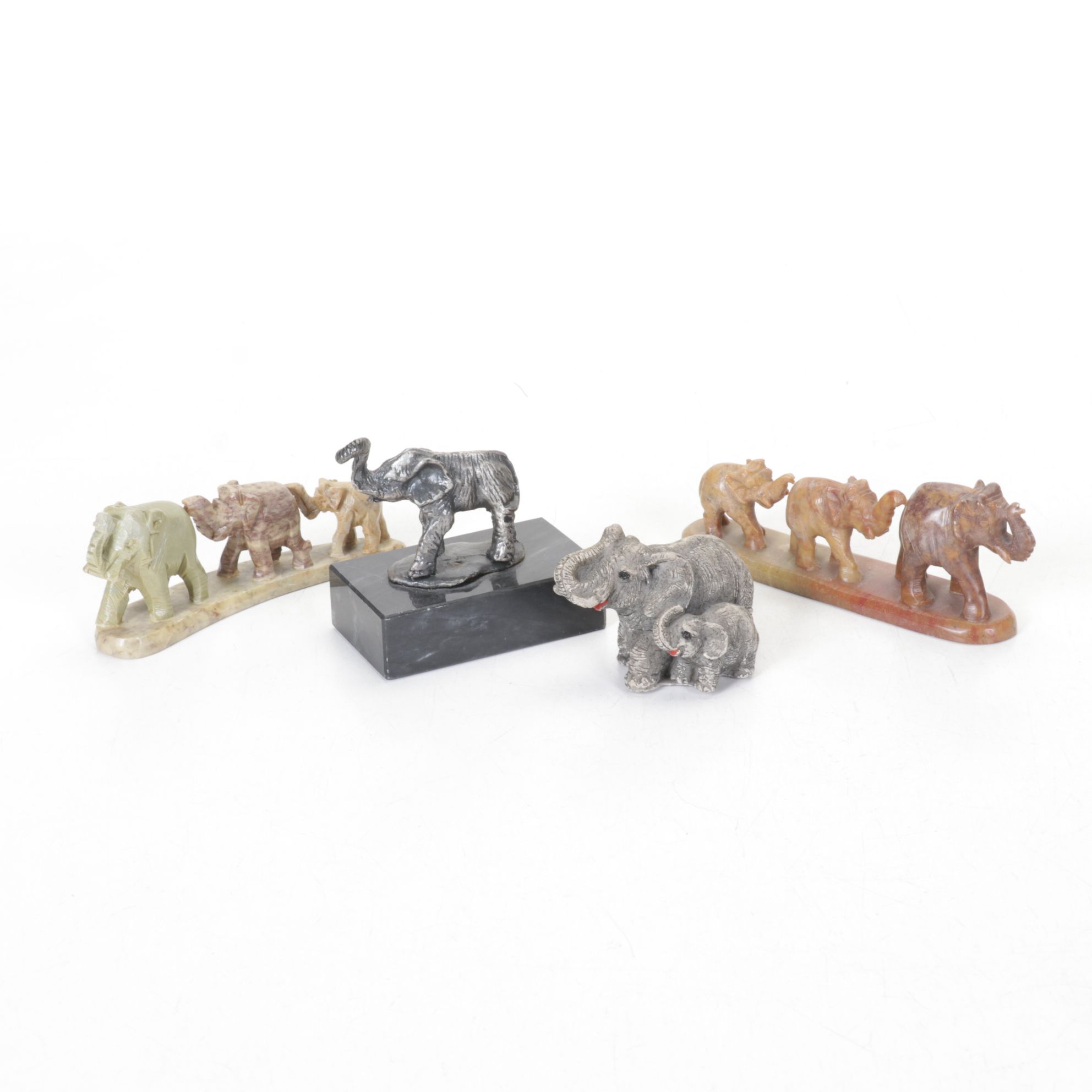Carved Soapstone, Pewter and Resin Elephant Figurines