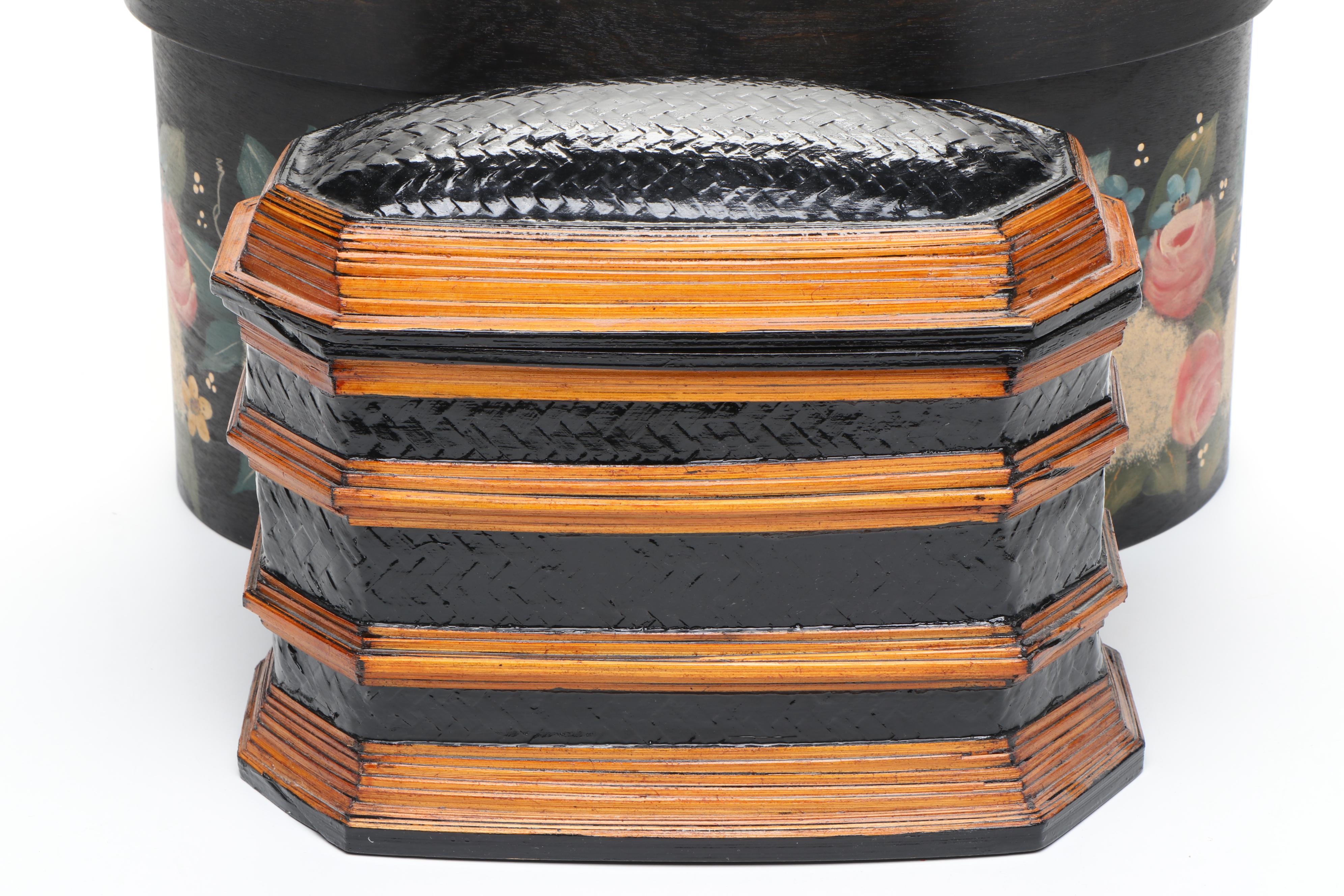 Hand-Painted Folk Art and Dogwood Boxes with Stacked Lacquer Bamboo Box