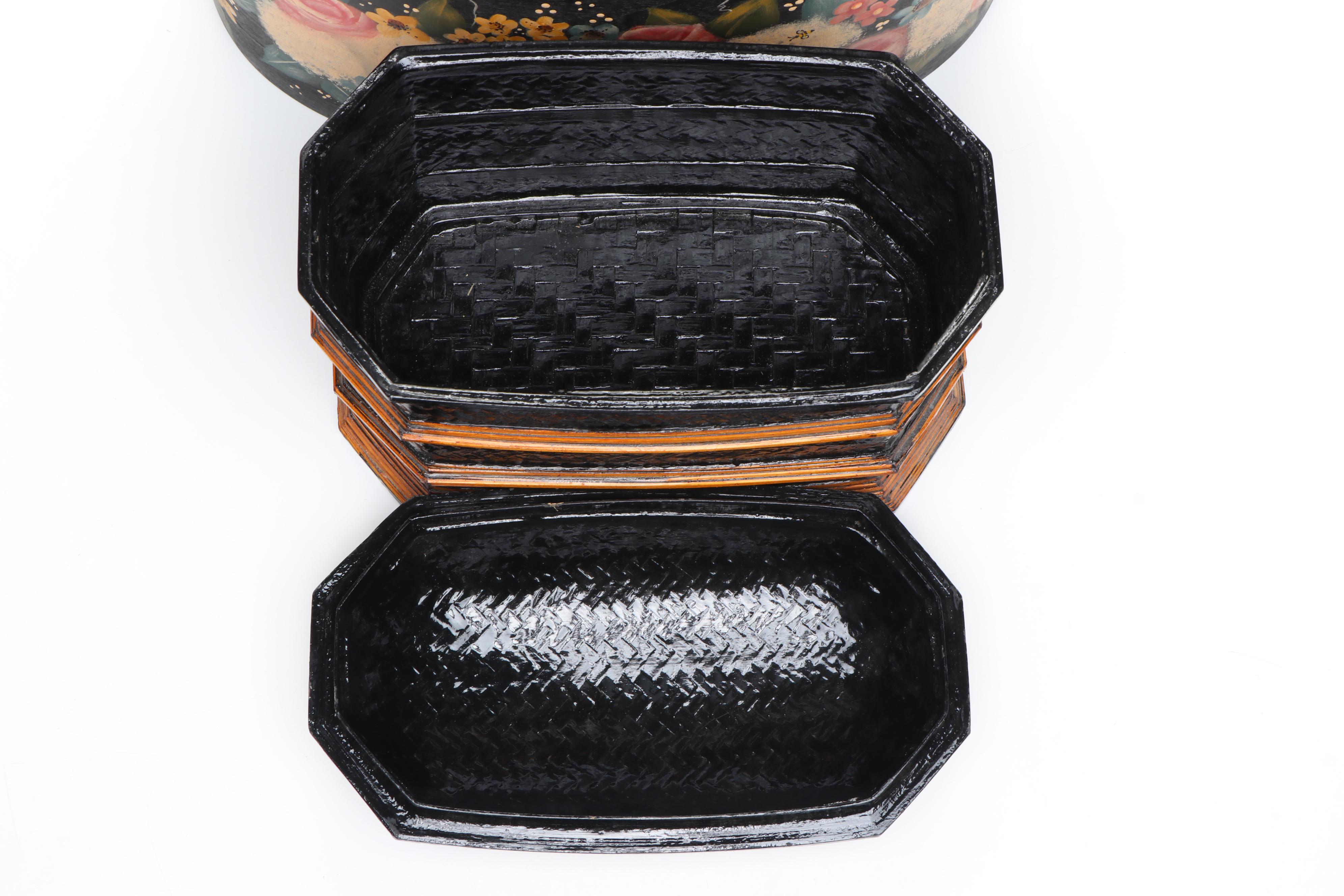 Hand-Painted Folk Art and Dogwood Boxes with Stacked Lacquer Bamboo Box