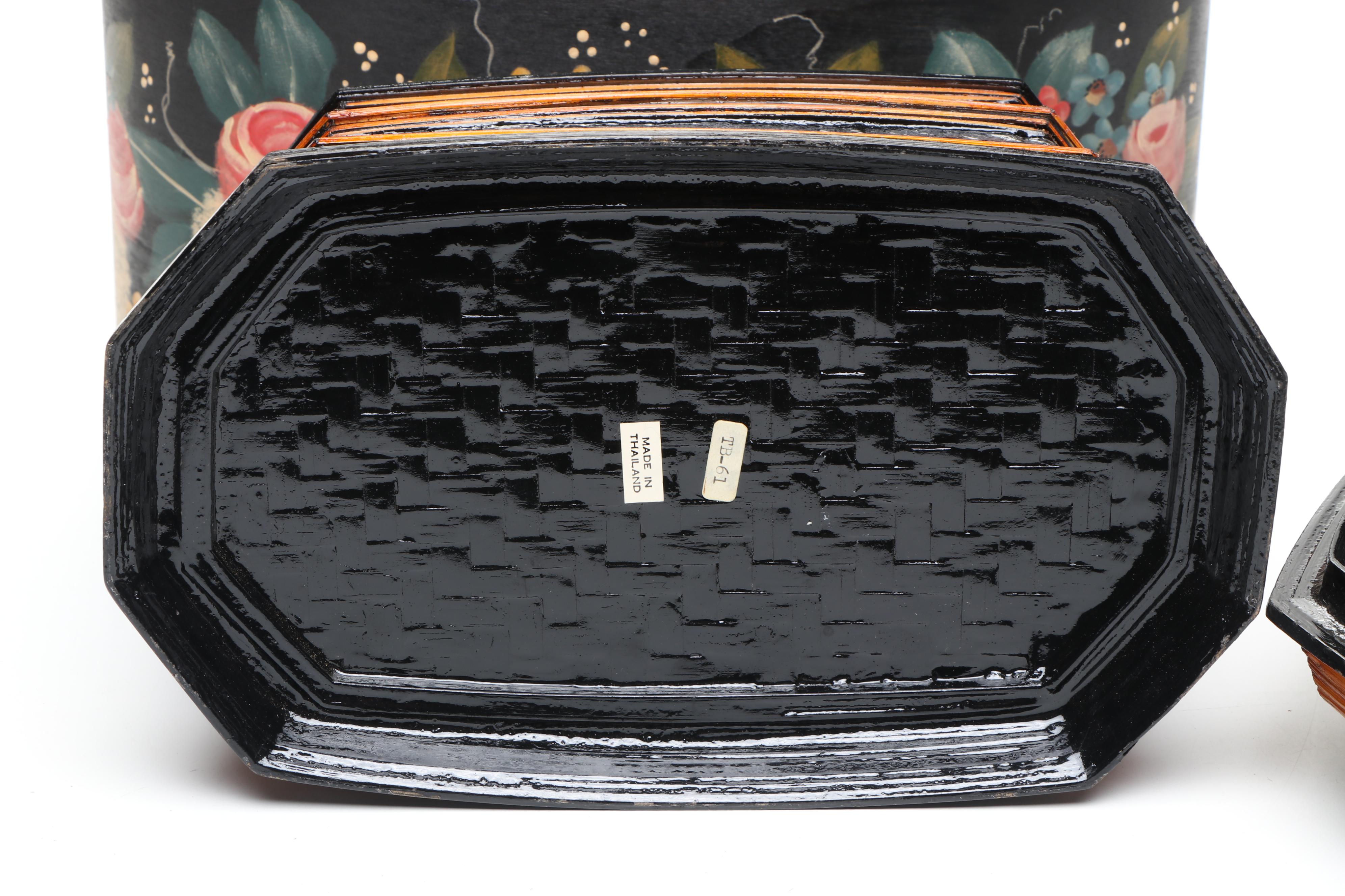 Hand-Painted Folk Art and Dogwood Boxes with Stacked Lacquer Bamboo Box