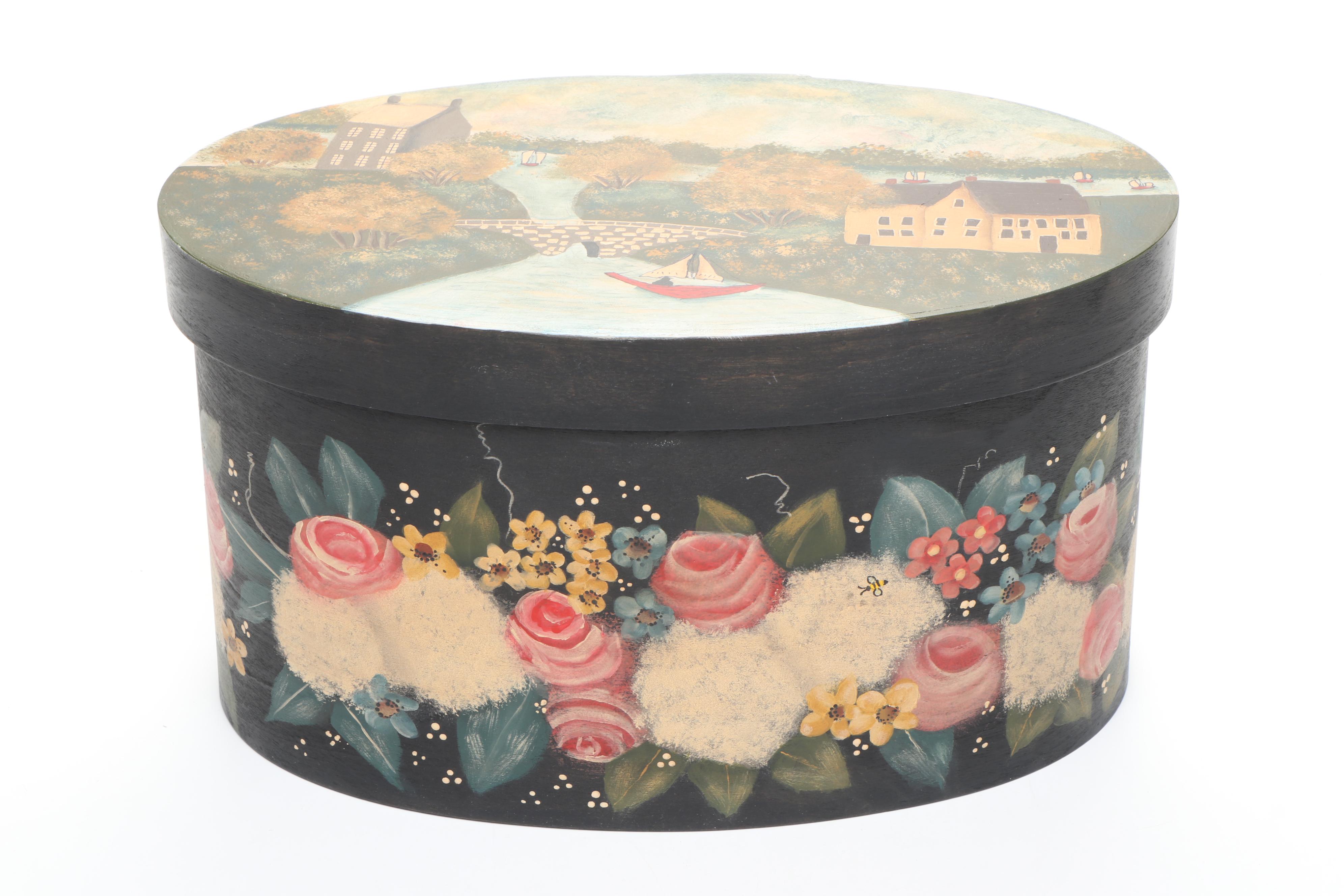 Hand-Painted Folk Art and Dogwood Boxes with Stacked Lacquer Bamboo Box