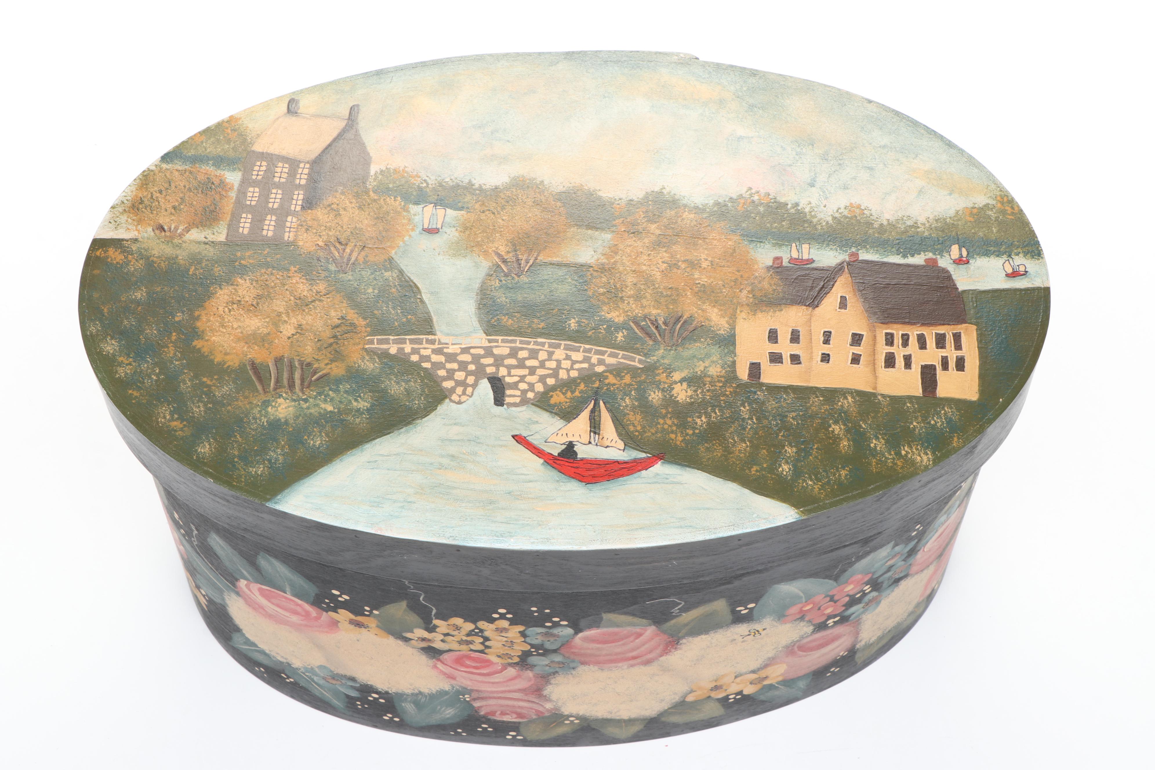 Hand-Painted Folk Art and Dogwood Boxes with Stacked Lacquer Bamboo Box