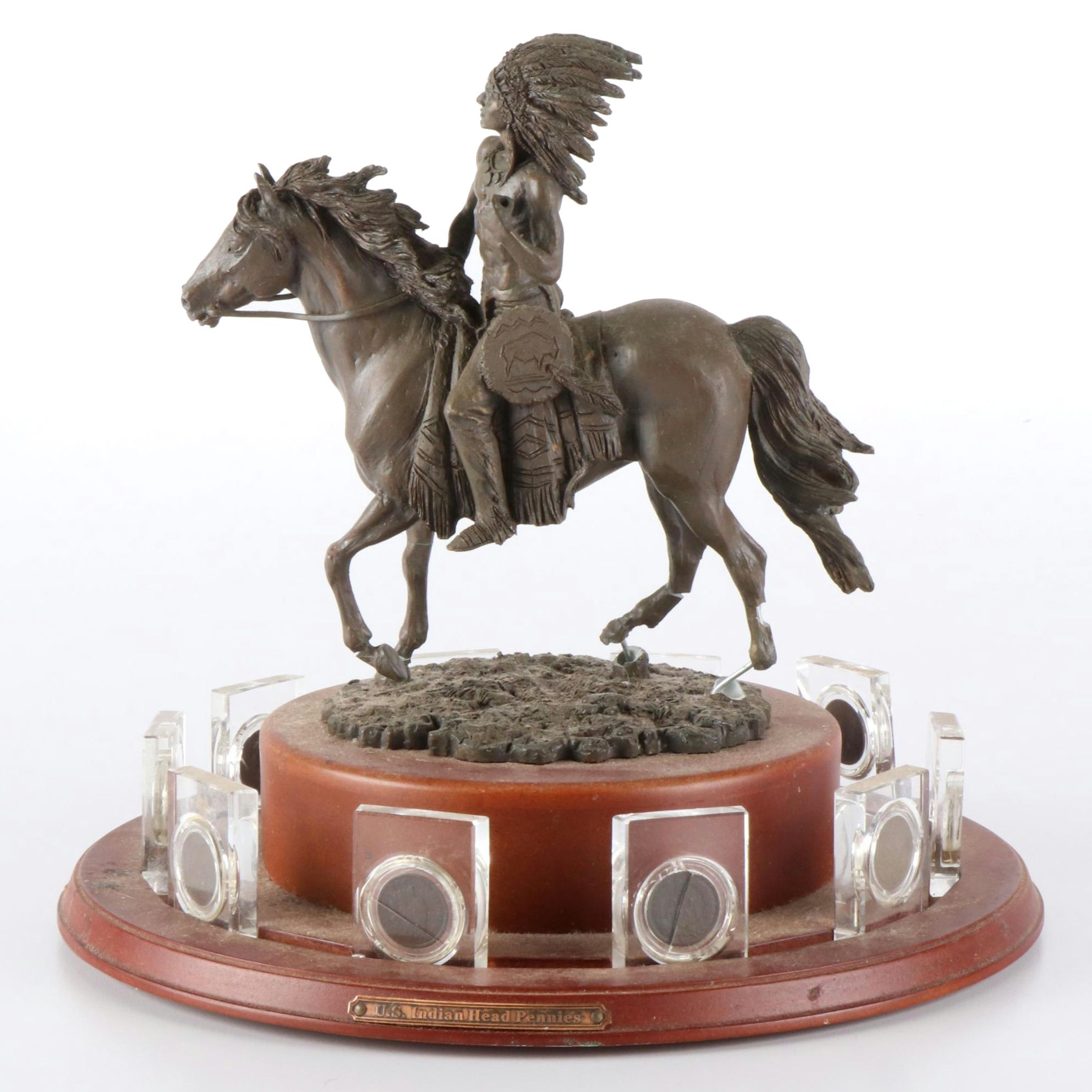Native American and Horse Figure on Wooden Pedestal with Ten Indian Head Cents