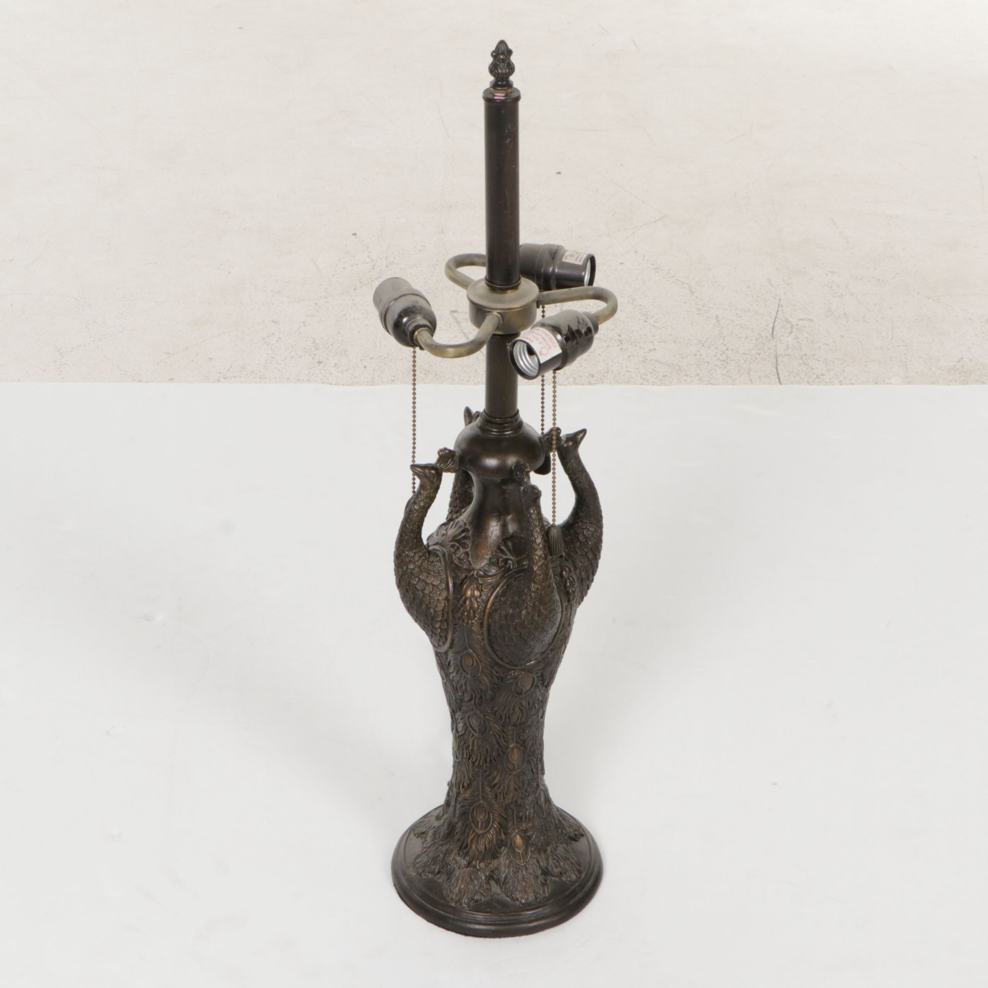 Peacock Figures Table Lamp with Slag Glass Feather Shade, Late 20th Century