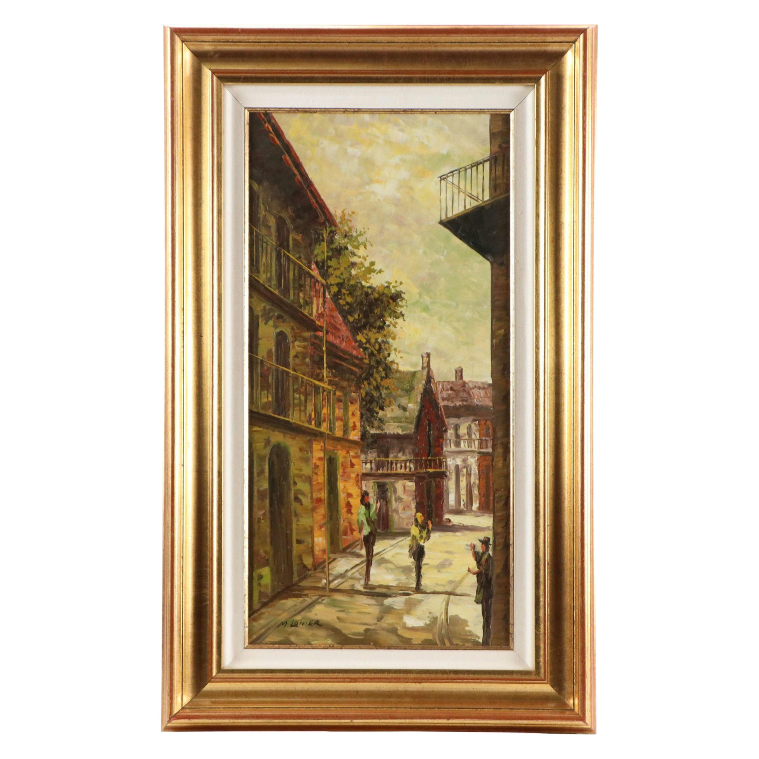 M. Lanier Oil Painting of Figures in Street Scene, Late 20th Century