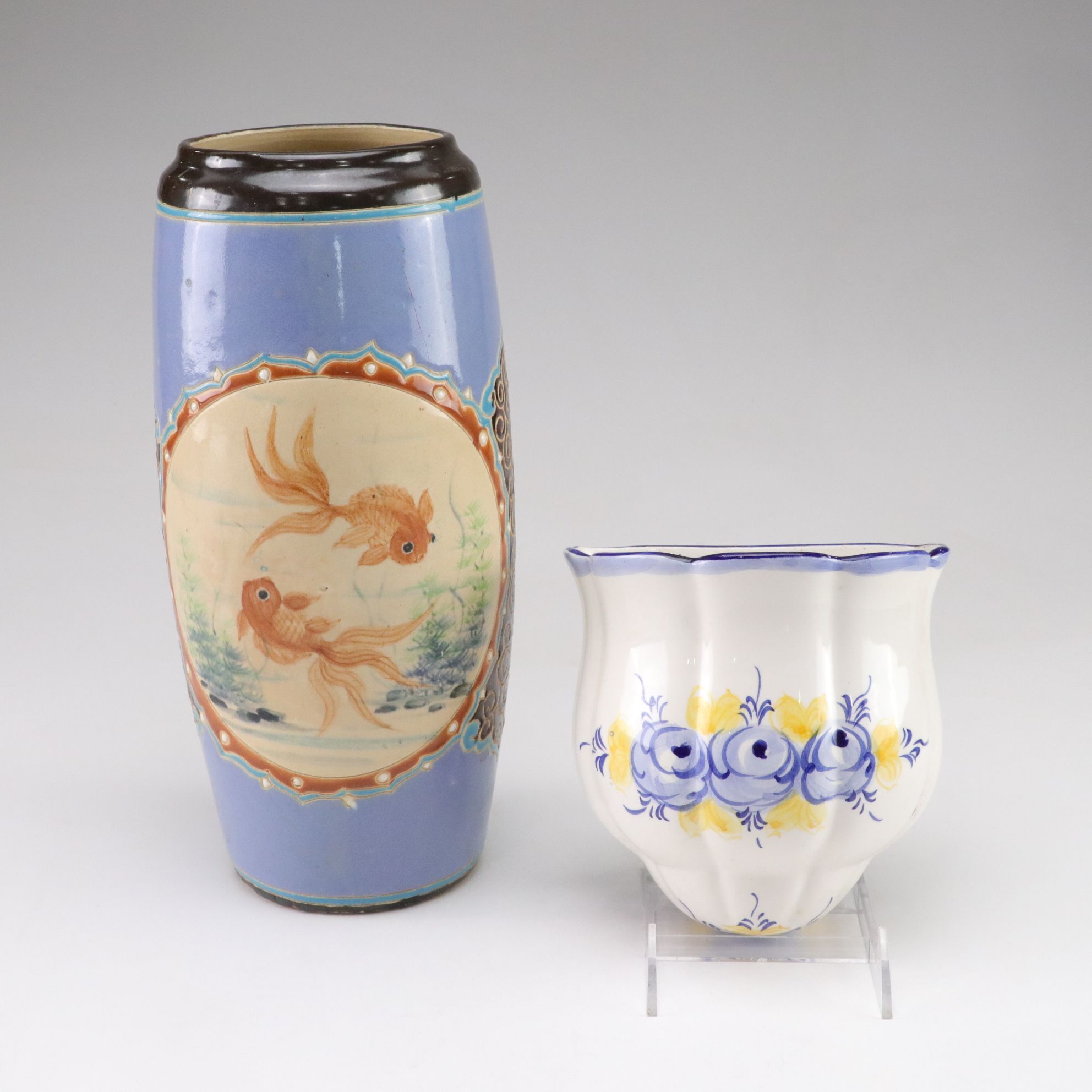 Ceramic Cylinder Vase with Fish Motif and Hand-Painted Portuguese Wall Pocket