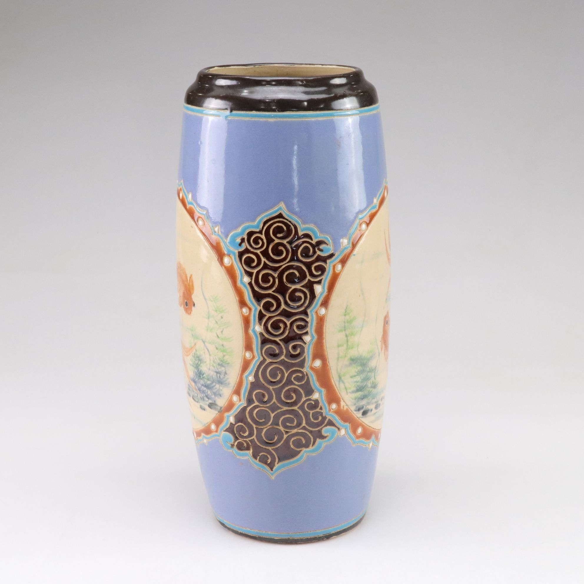 Ceramic Cylinder Vase with Fish Motif and Hand-Painted Portuguese Wall Pocket