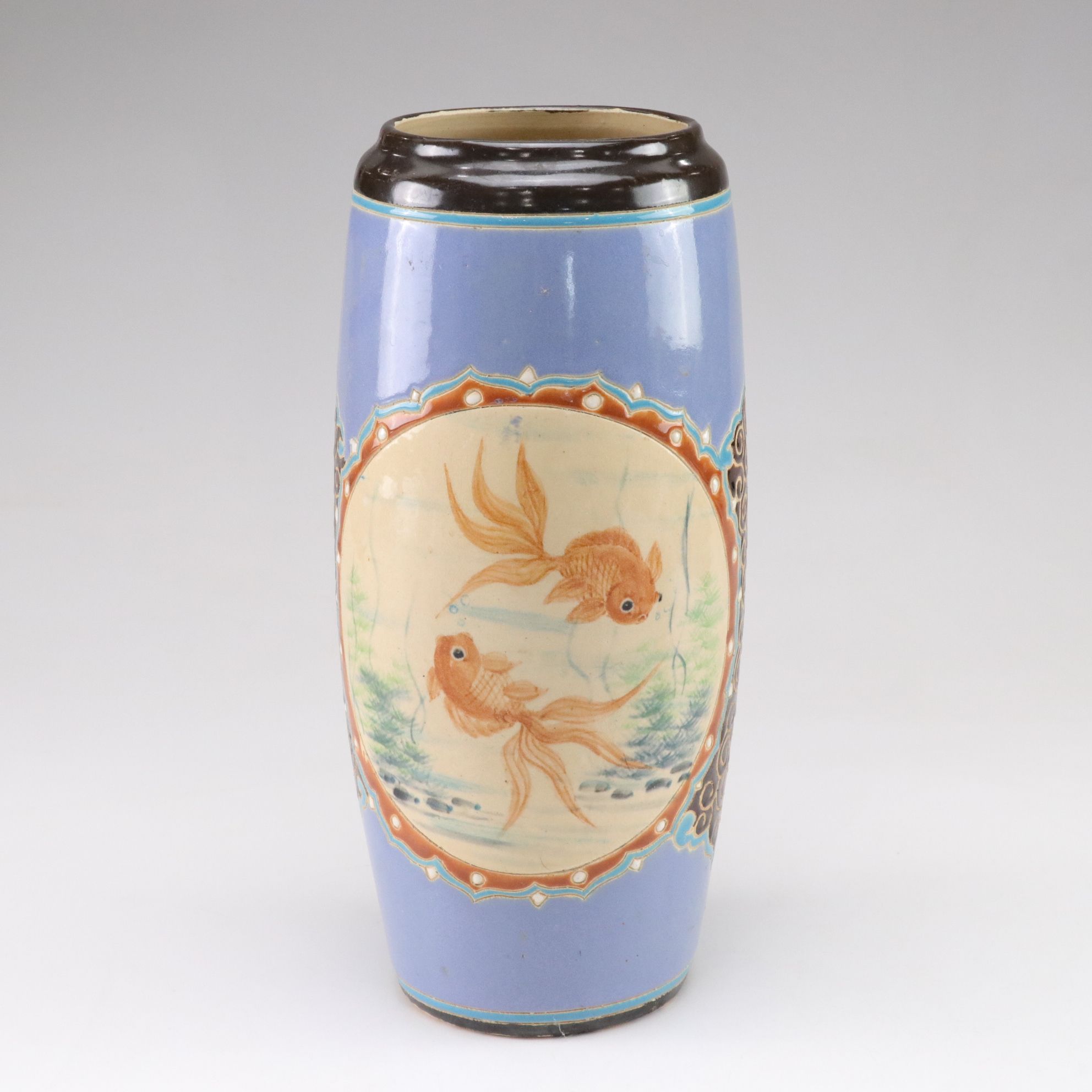 Ceramic Cylinder Vase with Fish Motif and Hand-Painted Portuguese Wall Pocket