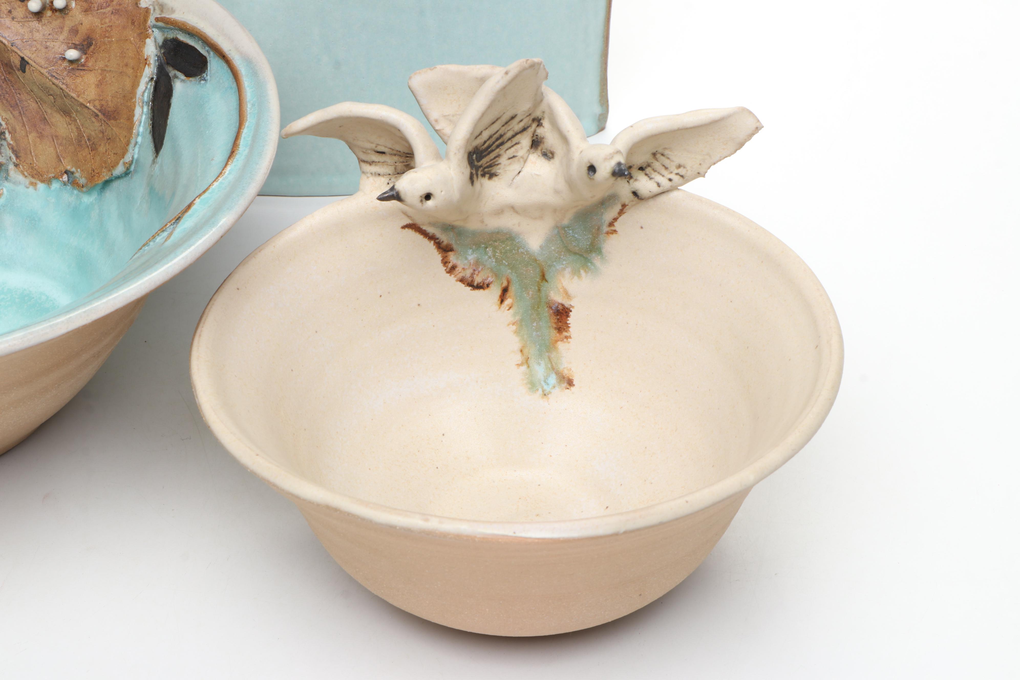 Mary Ann Wurst Signed Art Pottery Bird and Foliage Vase and Bowls, Late 20th C