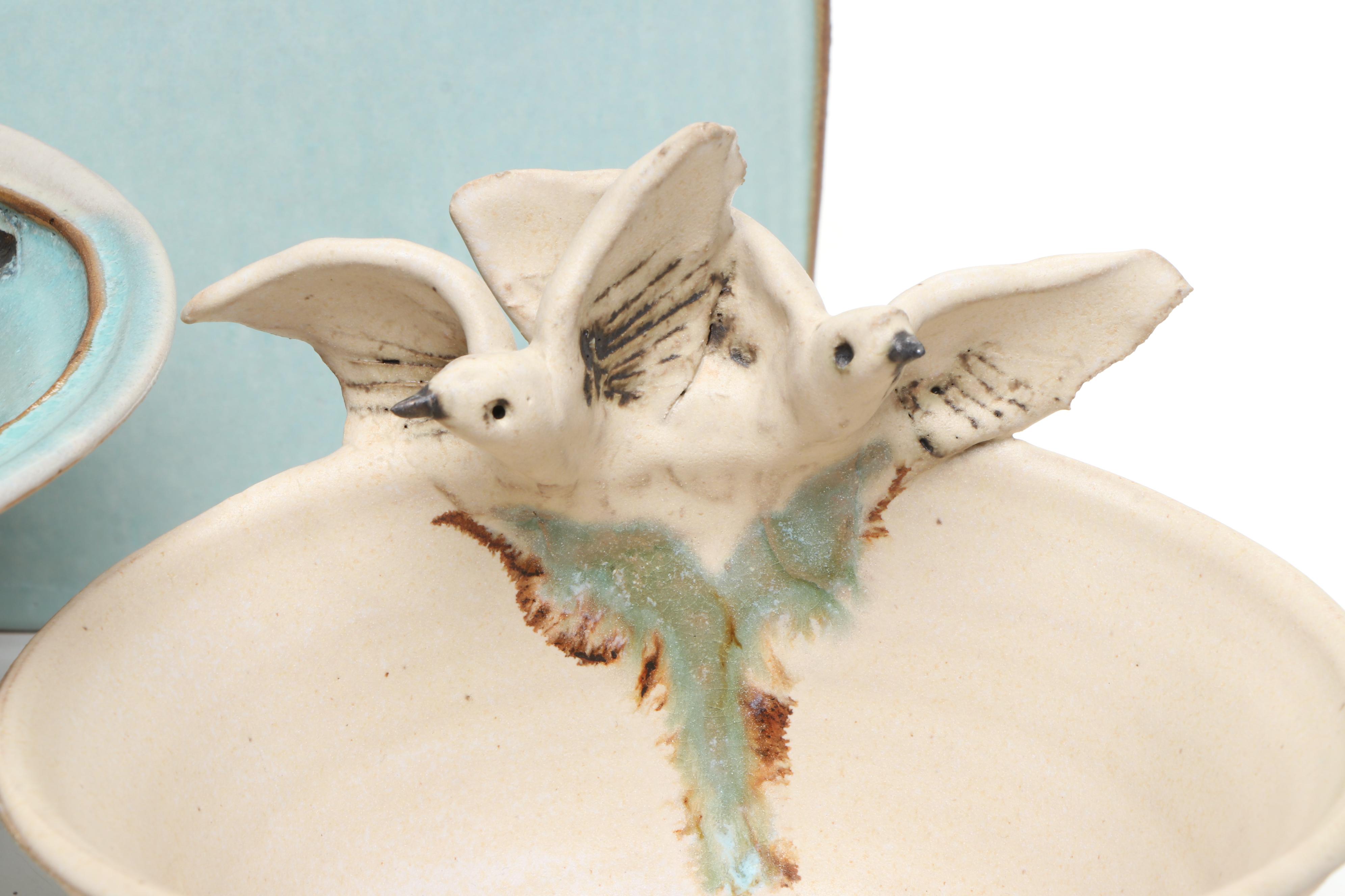 Mary Ann Wurst Signed Art Pottery Bird and Foliage Vase and Bowls, Late 20th C