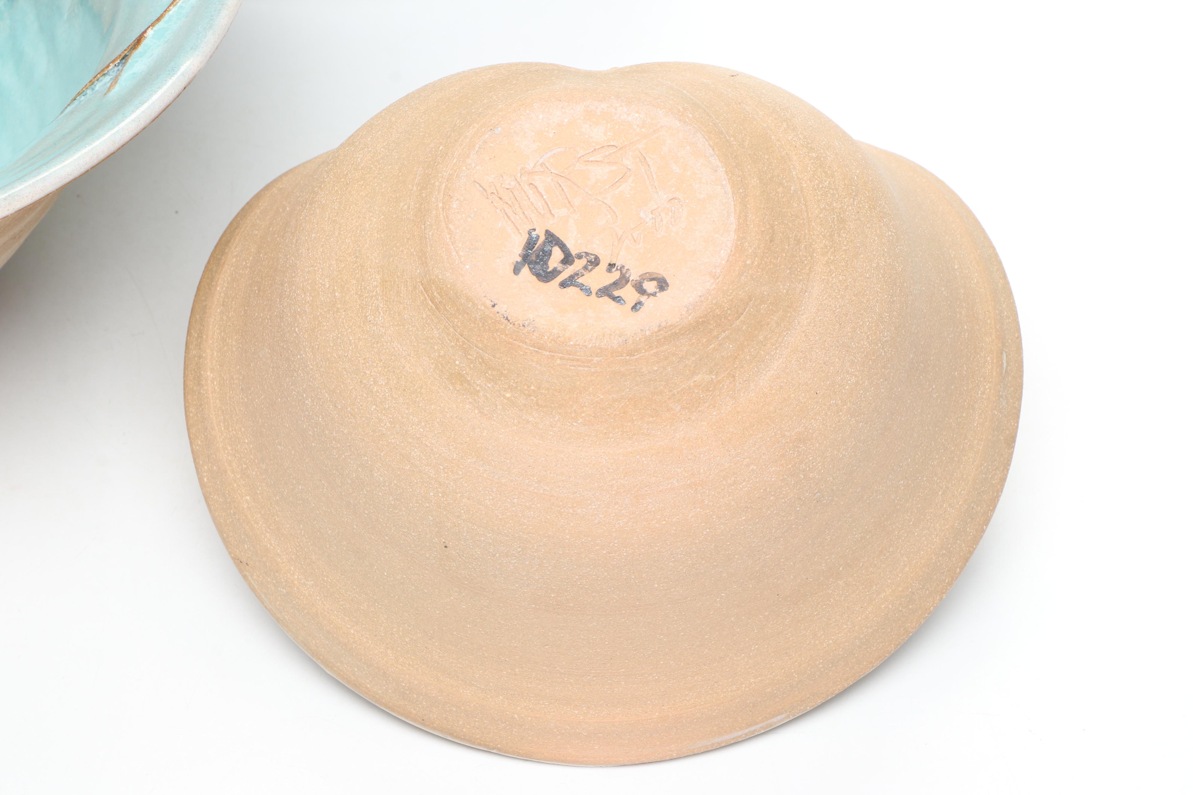 Mary Ann Wurst Signed Art Pottery Bird and Foliage Vase and Bowls, Late 20th C