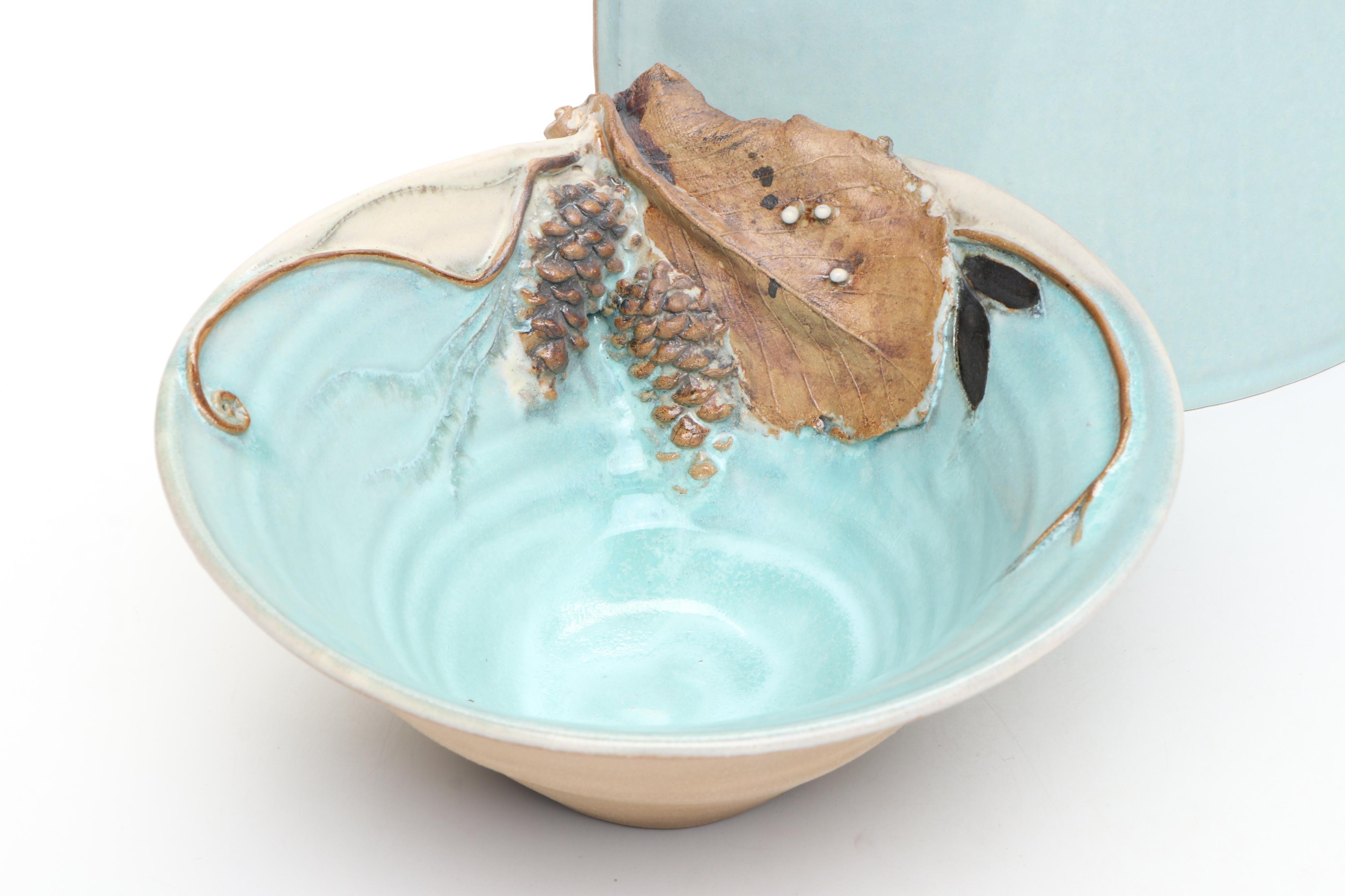 Mary Ann Wurst Signed Art Pottery Bird and Foliage Vase and Bowls, Late 20th C