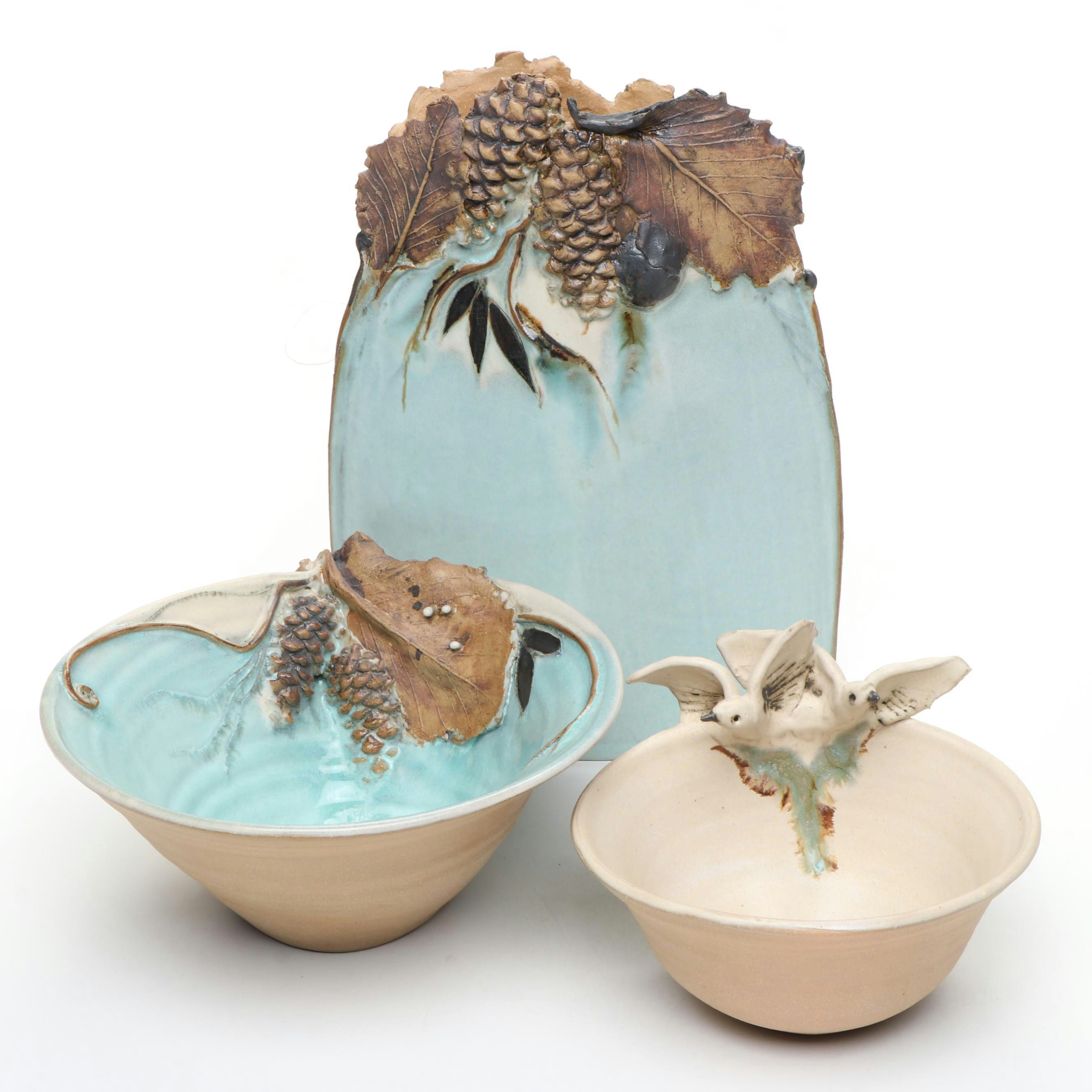 Mary Ann Wurst Signed Art Pottery Bird and Foliage Vase and Bowls, Late 20th C