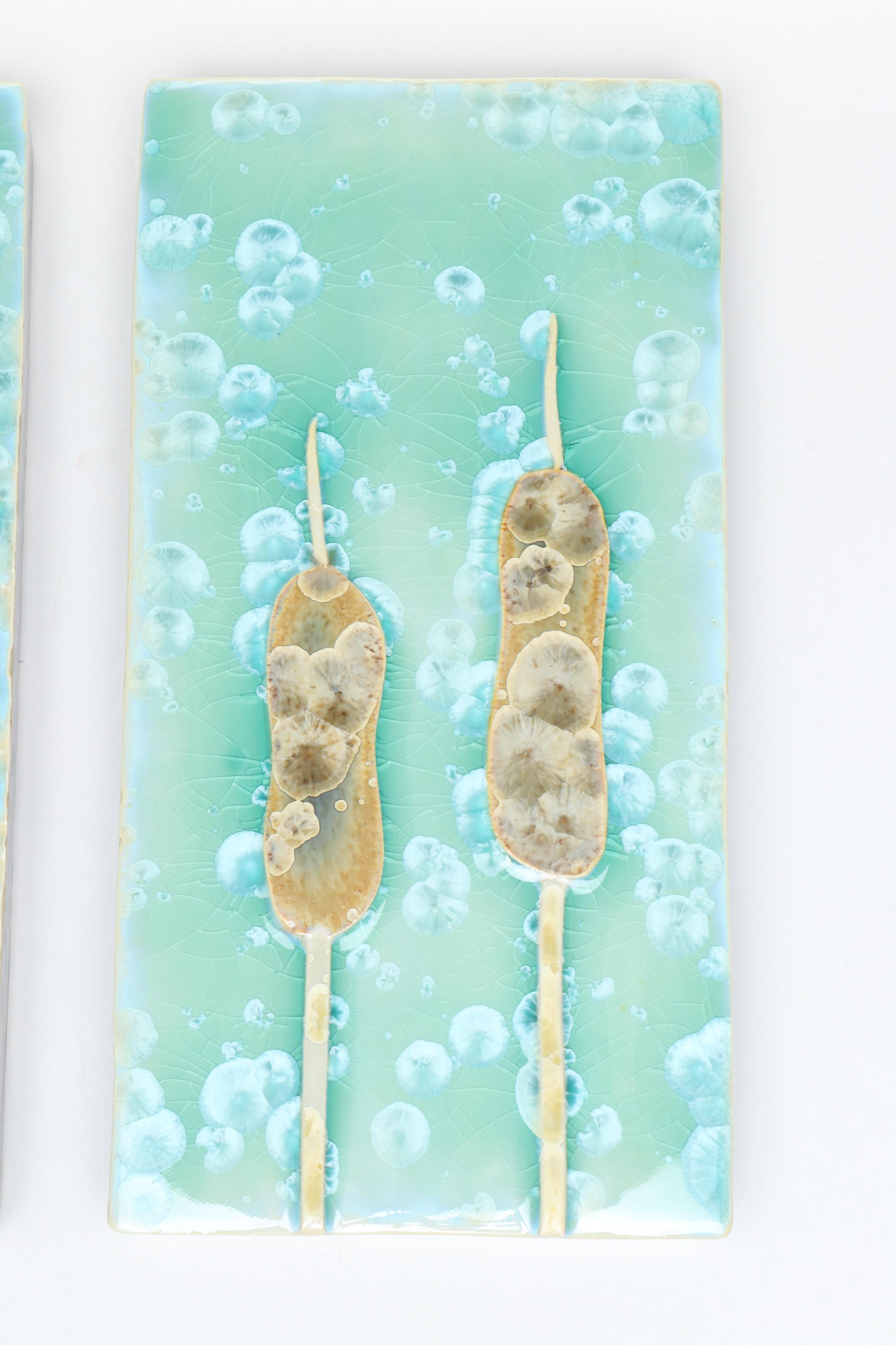 Egenolf Ceramics Blue Glaze Grass and Cattail Decorative Tiles