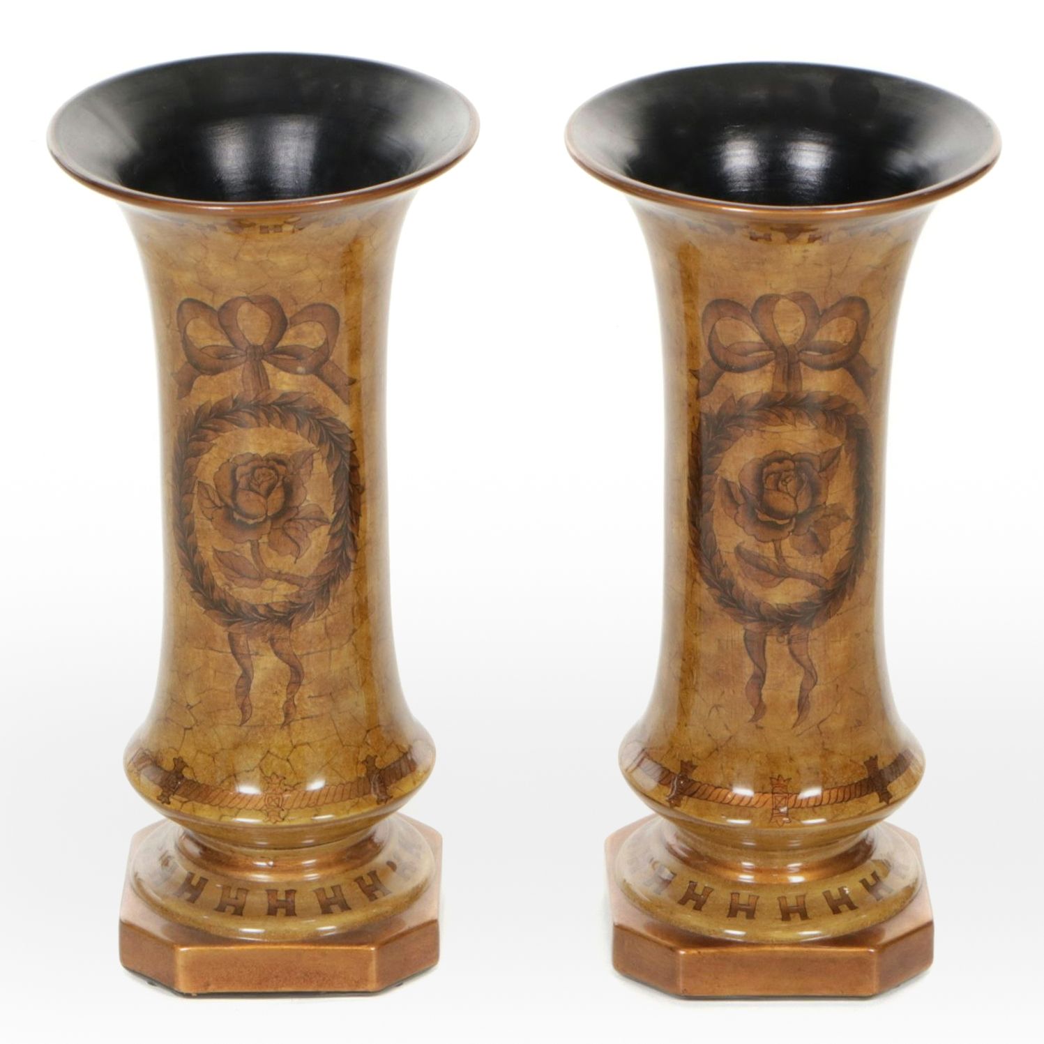 Pair of Ceramic Decorative Crackle Vases with Rose Motifs